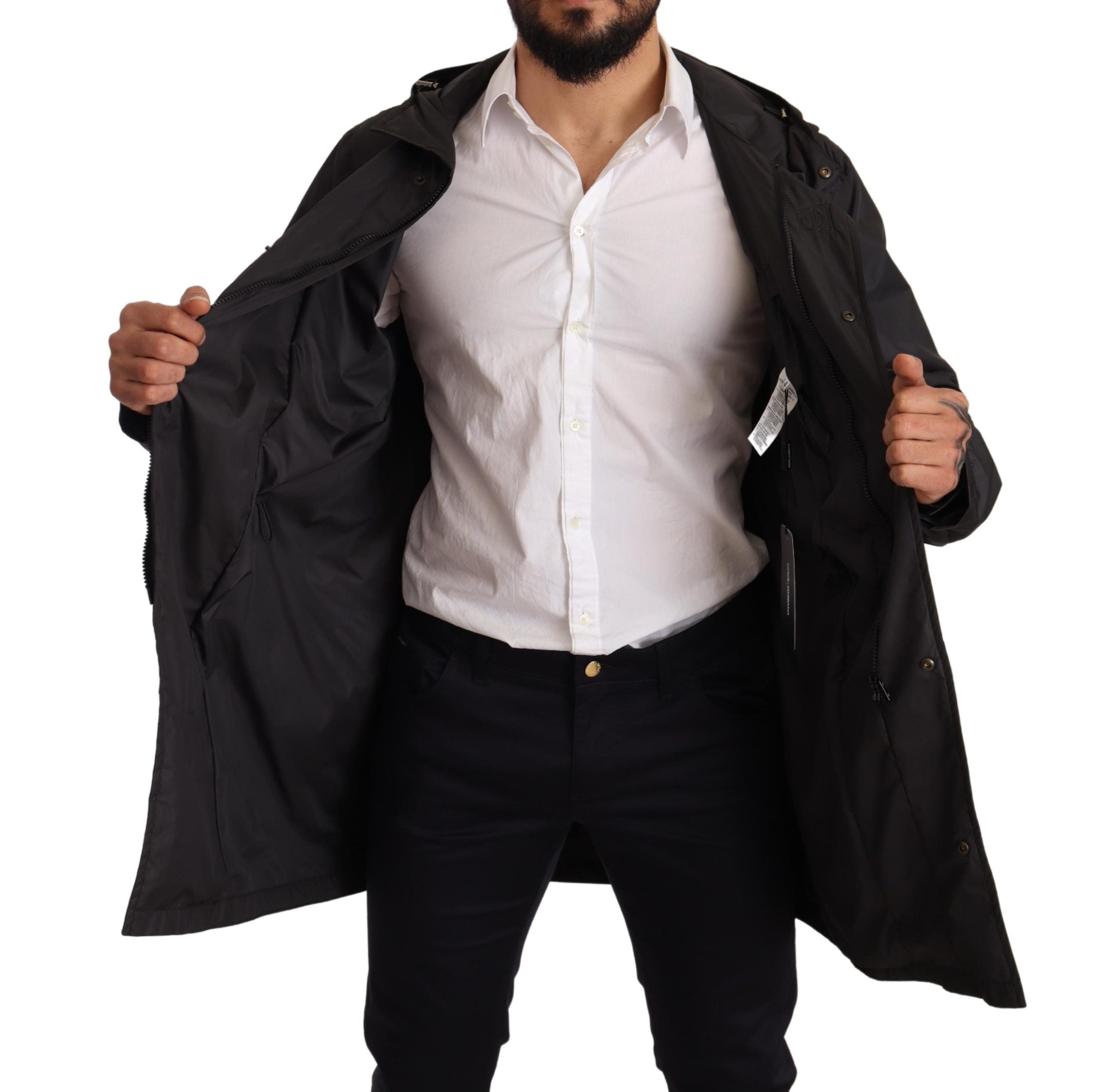Black hooded men's trench coat jacket by Dolce & Gabbana, featuring a stylish design with a hood and classic trench details.
