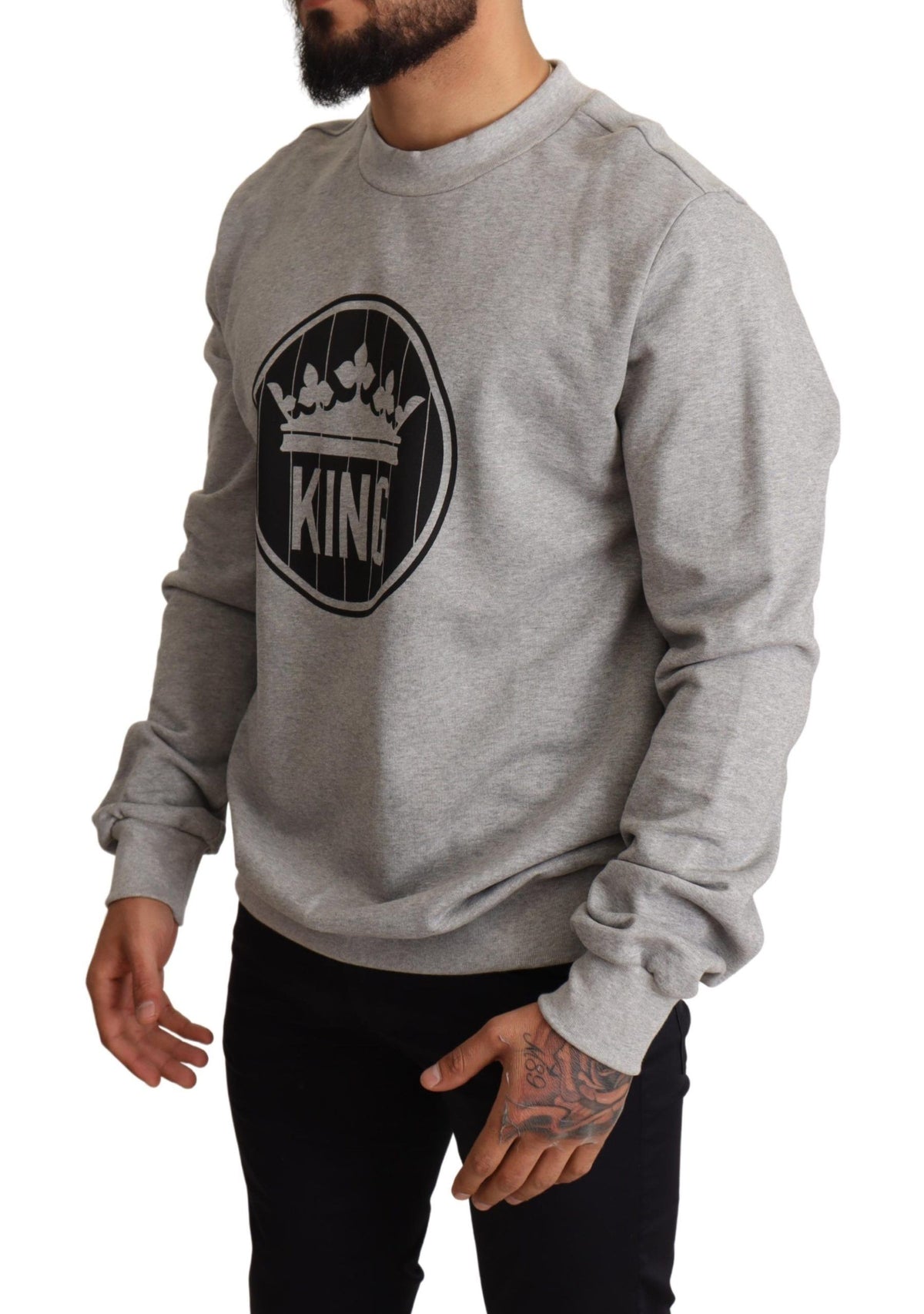 Gray cotton sweater with a crown king print by Dolce & Gabbana, featuring a comfortable fit and stylish design.