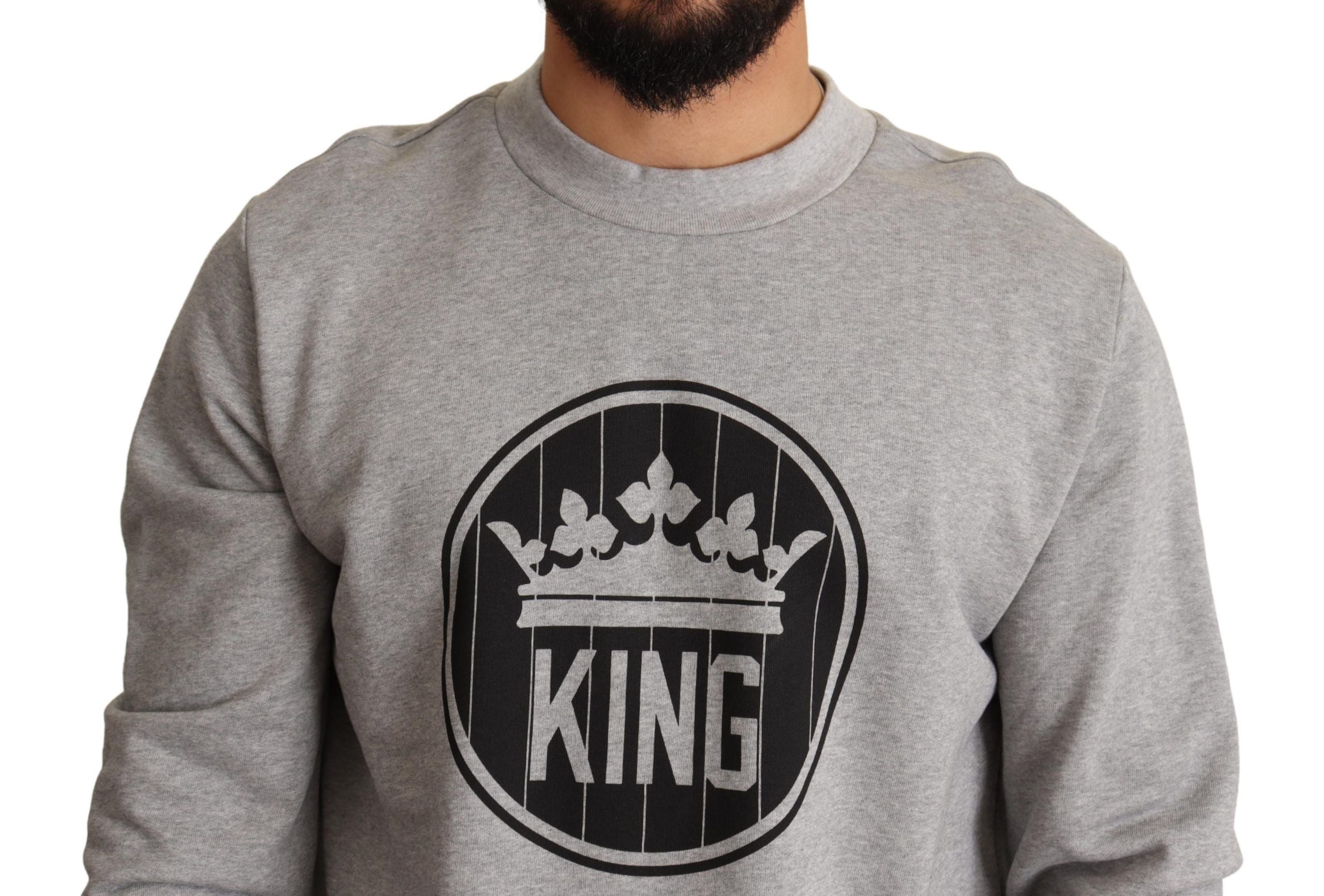 Gray cotton sweater with a crown king print by Dolce & Gabbana, featuring a crew neck and long sleeves.