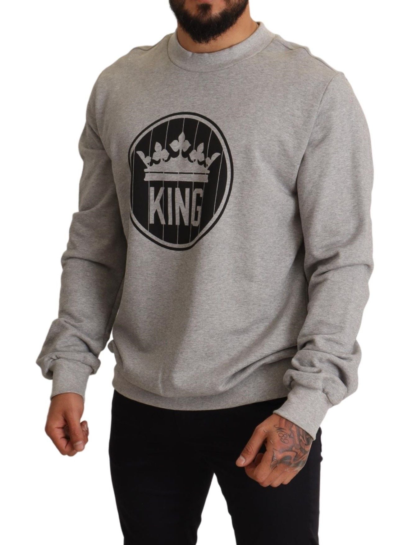 Gray cotton sweater with a crown king print by Dolce & Gabbana, featuring a round neckline and long sleeves.