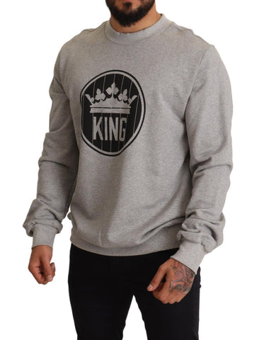 Gray cotton sweater with a crown king print by Dolce & Gabbana, featuring a round neckline and long sleeves.