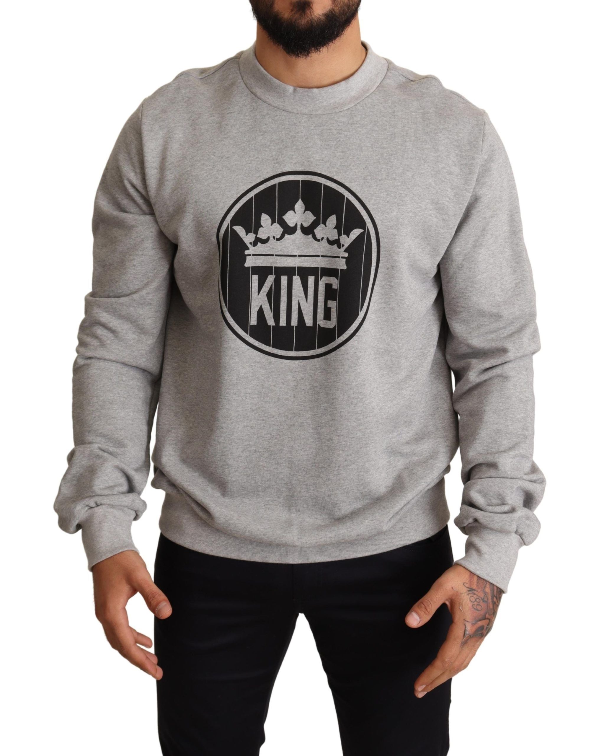Gray cotton sweater with a crown king print by Dolce & Gabbana, featuring a stylish, casual fit and detailed graphic design.