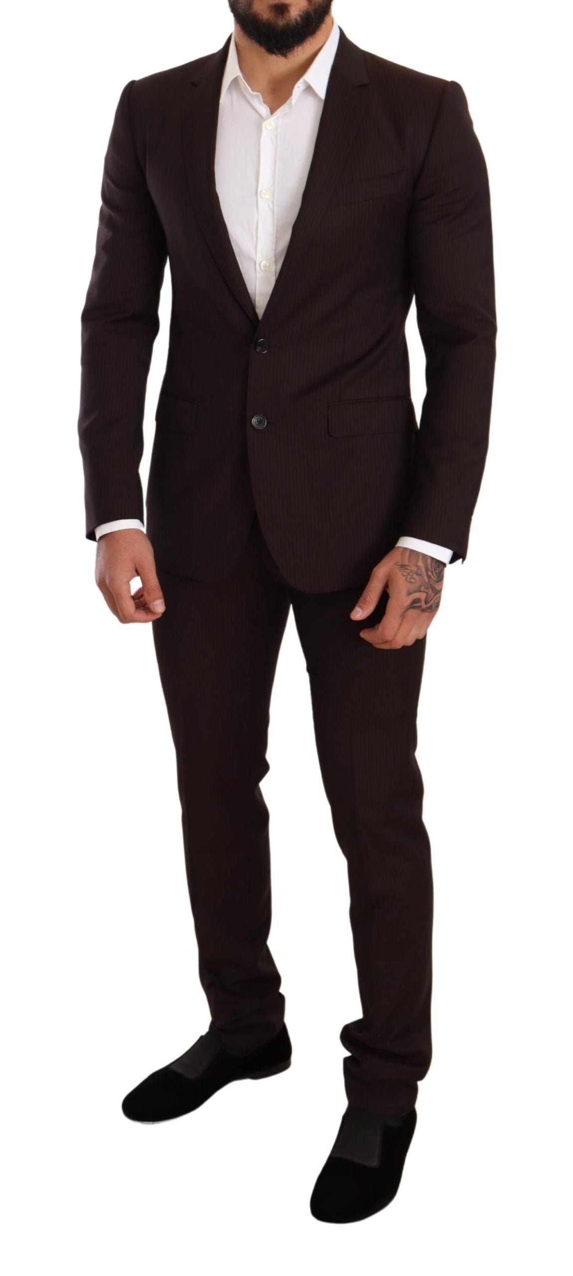 Dolce & Gabbana Bordeaux Wool Martini Slim Fit Suit displayed on a hanger showing tailored design and rich color.