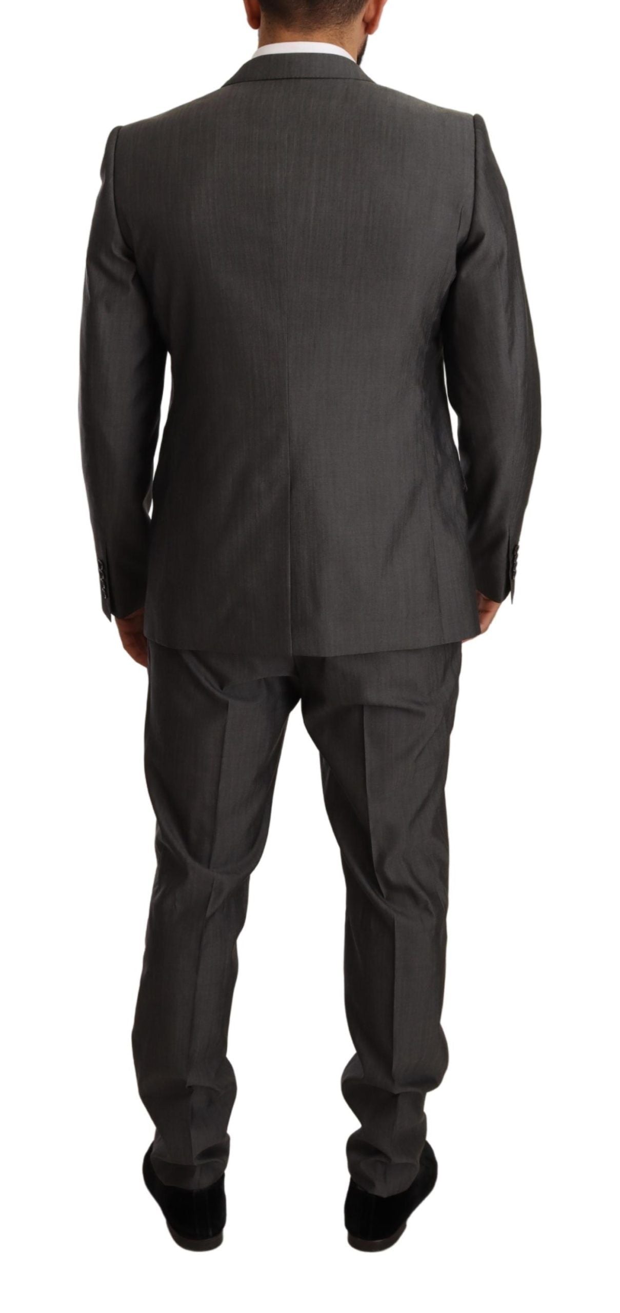 Gray metallic Martini slim fit suit set by Dolce & Gabbana, featuring tailored jacket and matching trousers.