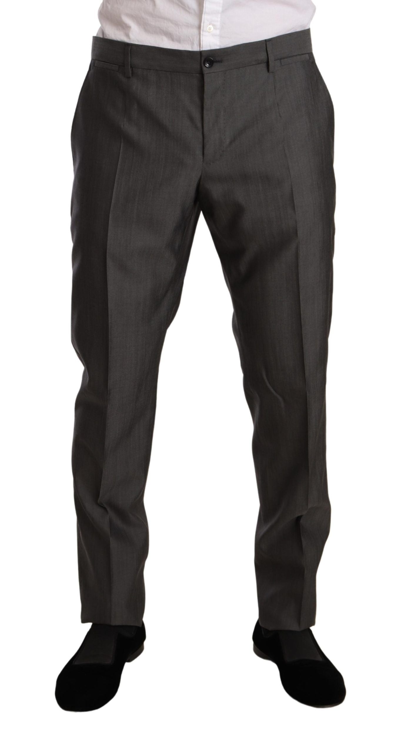 Gray metallic Martini slim fit set suit by Dolce & Gabbana, showing tailored jacket and matching trousers on a mannequin