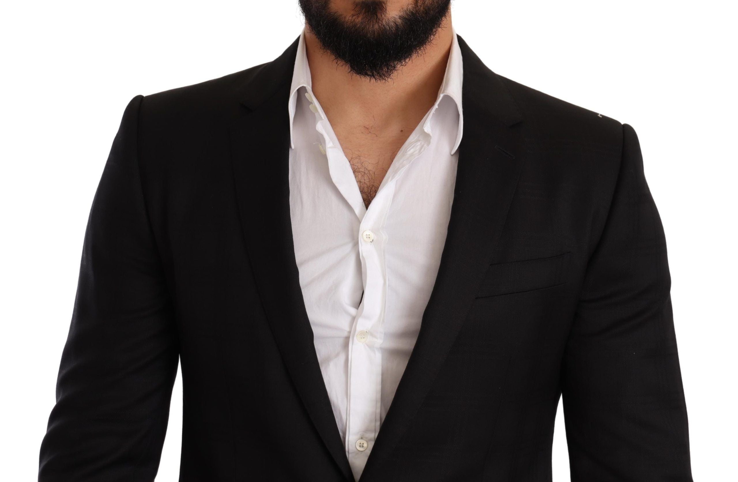 Black check Dolce & Gabbana Martini slim fit 2-piece suit, tailored blazer and trousers, stylish formal menswear ensemble.