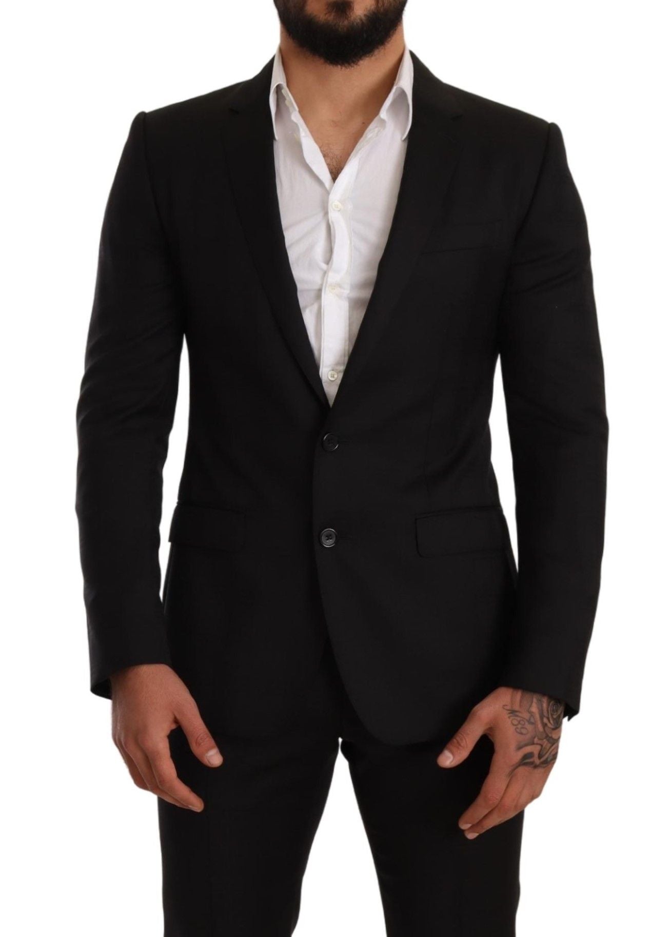 Black check Martini slim fit 2-piece suit by Dolce & Gabbana, featuring tailored blazer and matching trousers.