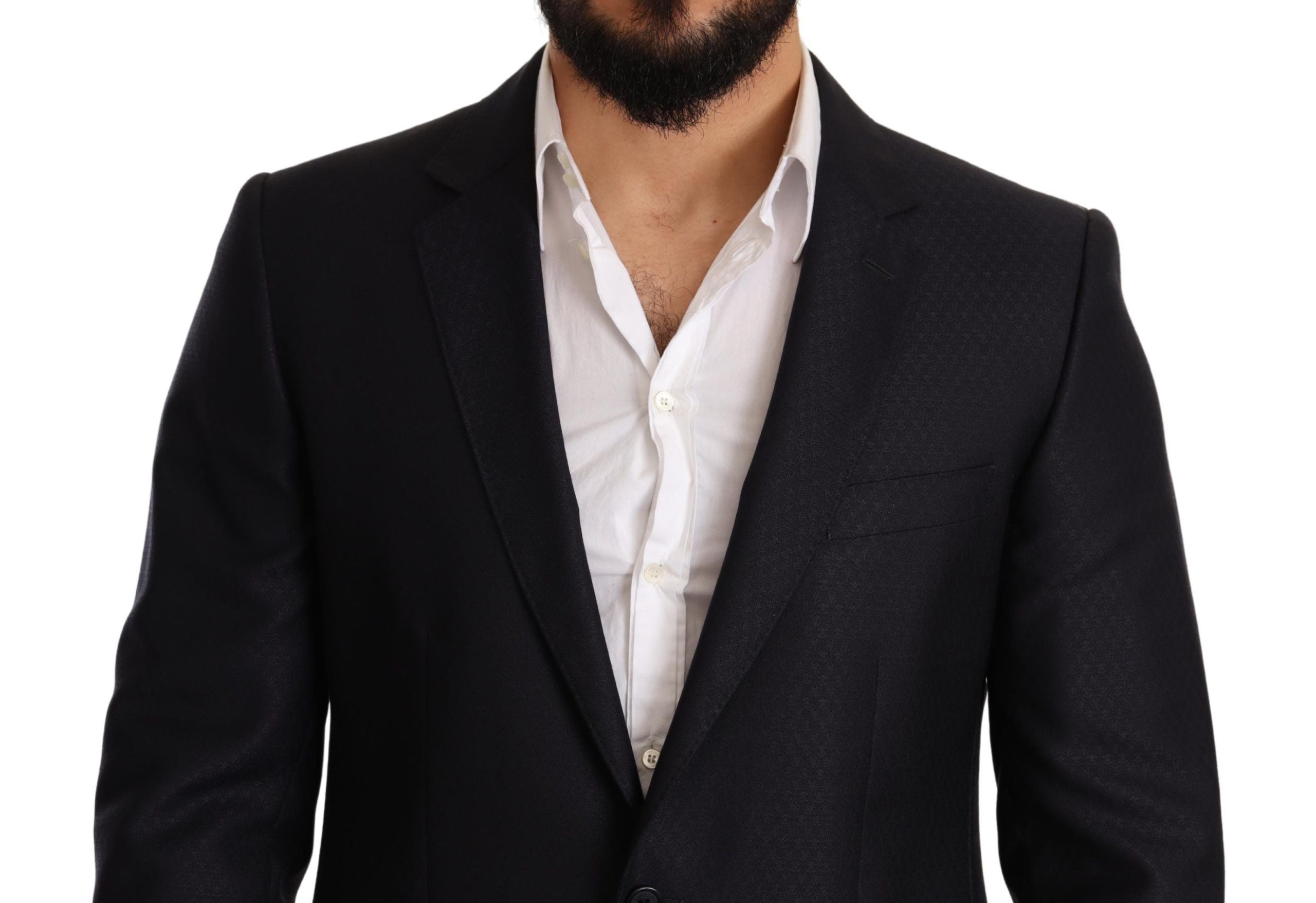 Blue patterned Dolce & Gabbana Martini slim fit 2-piece suit displayed on a mannequin.