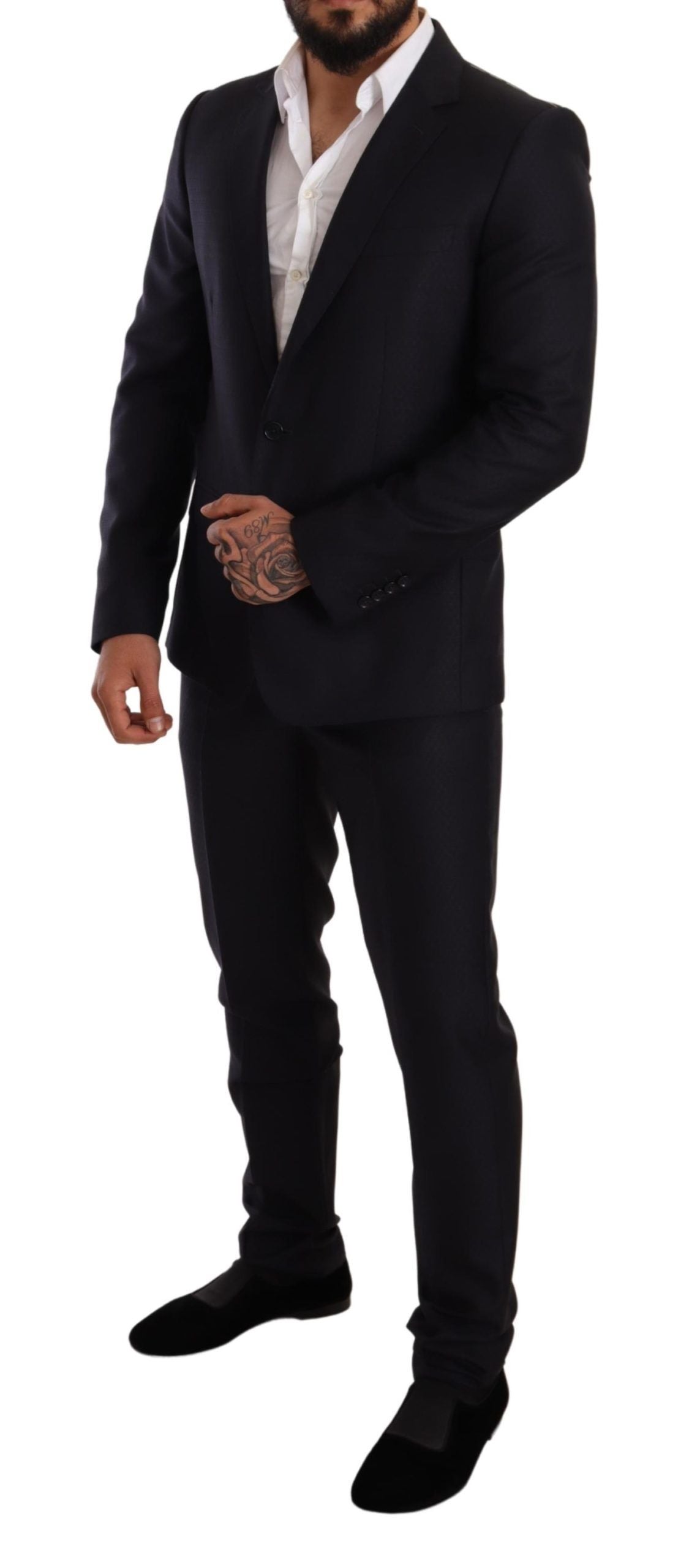 Blue patterned Dolce & Gabbana Martini slim fit 2-piece suit displayed on a mannequin, showcasing tailored fit and stylish design.