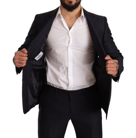 Blue patterned Dolce & Gabbana Martini Slim Fit 2-piece suit, tailored jacket and matching trousers, on a mannequin.