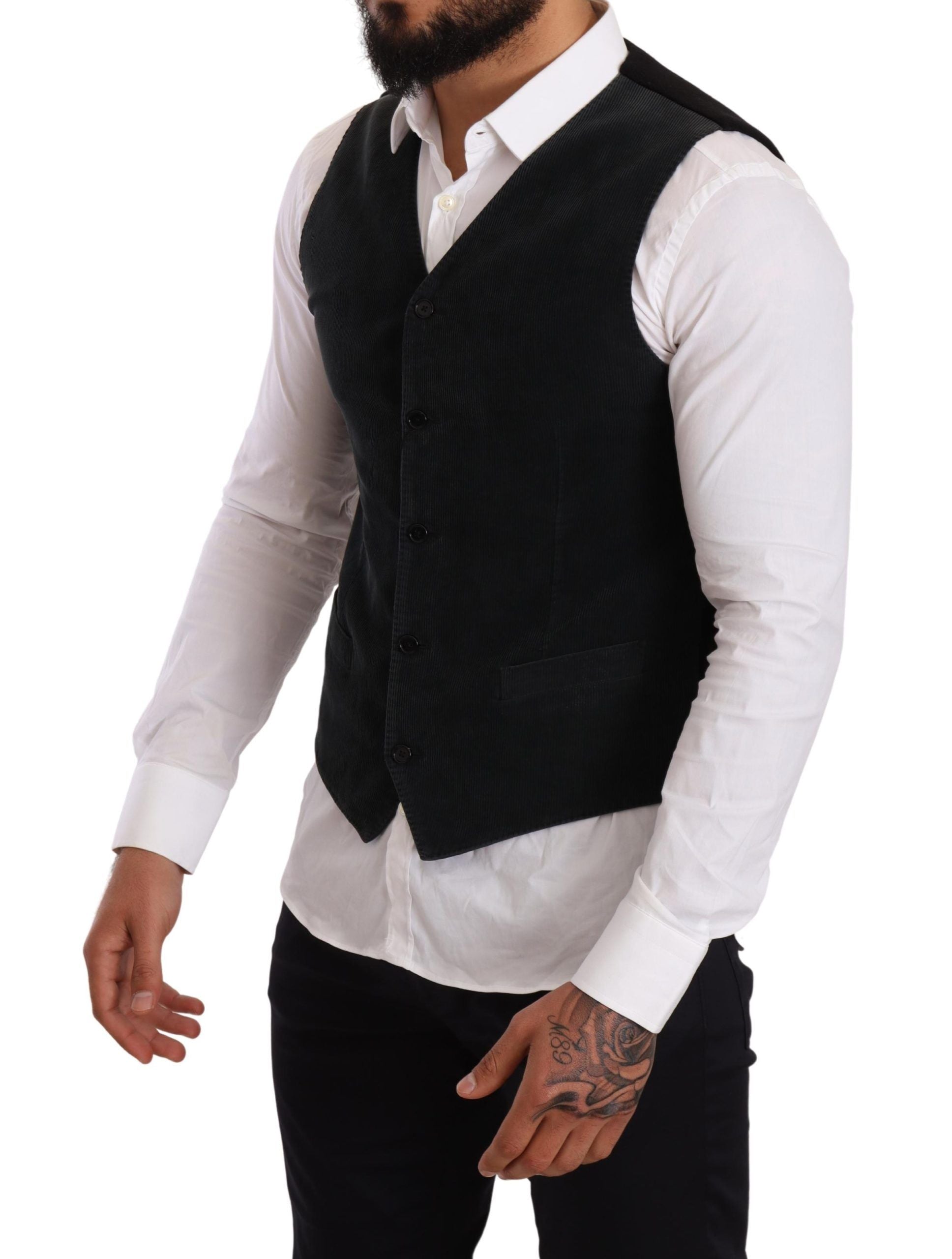 Black cotton single-breasted waistcoat by Dolce & Gabbana, tailored fit with button closure and classic lapel detail.