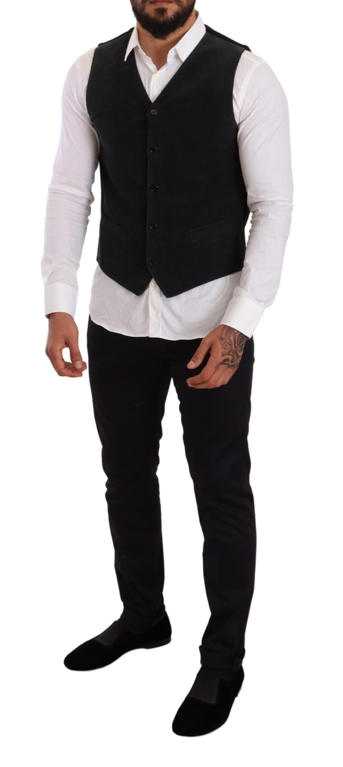 Black cotton single-breasted waistcoat by Dolce & Gabbana, featuring classic design and tailored fit, shown on a mannequin.