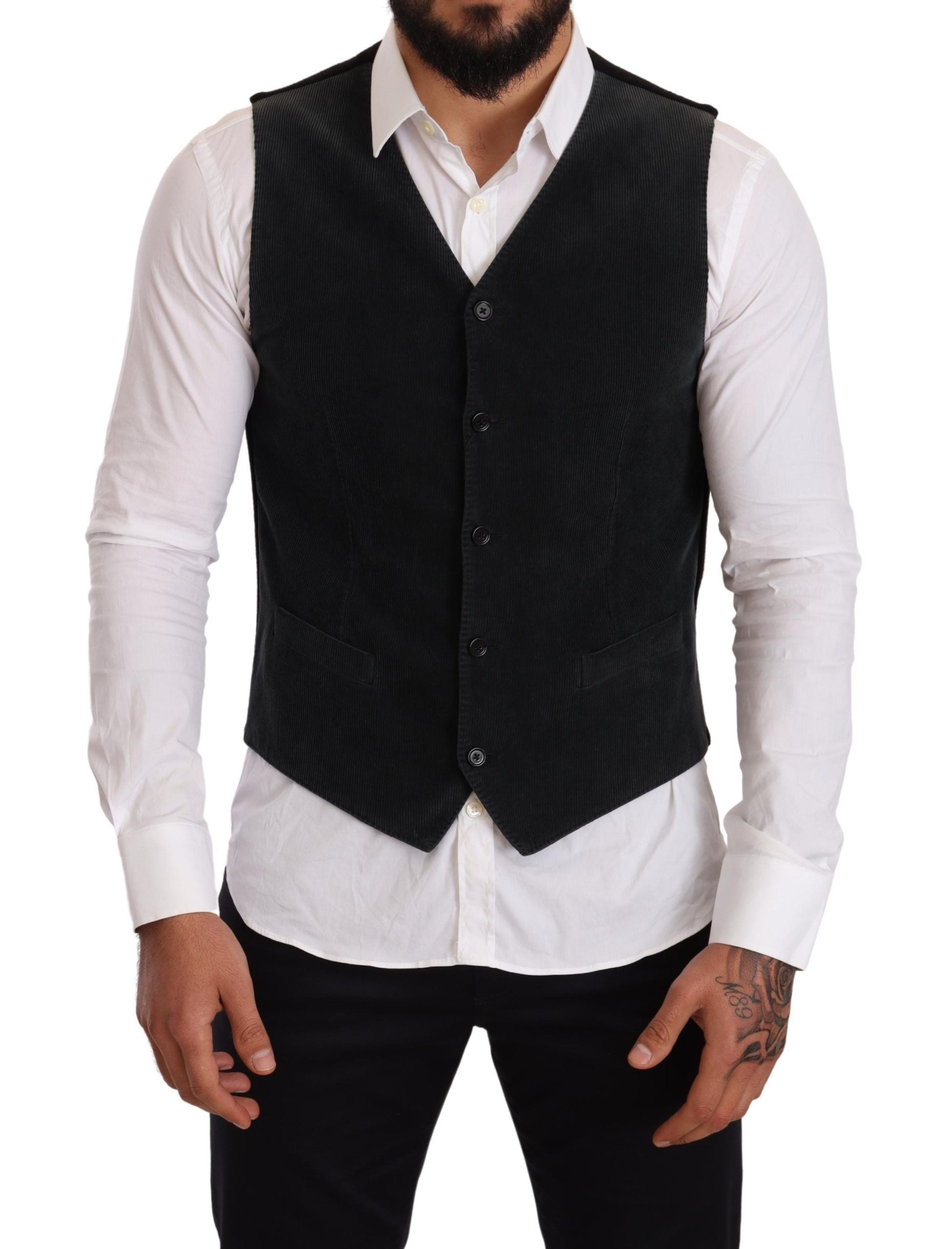 Black cotton single-breasted waistcoat by Dolce & Gabbana, tailored fit with lapel collar and button closure.