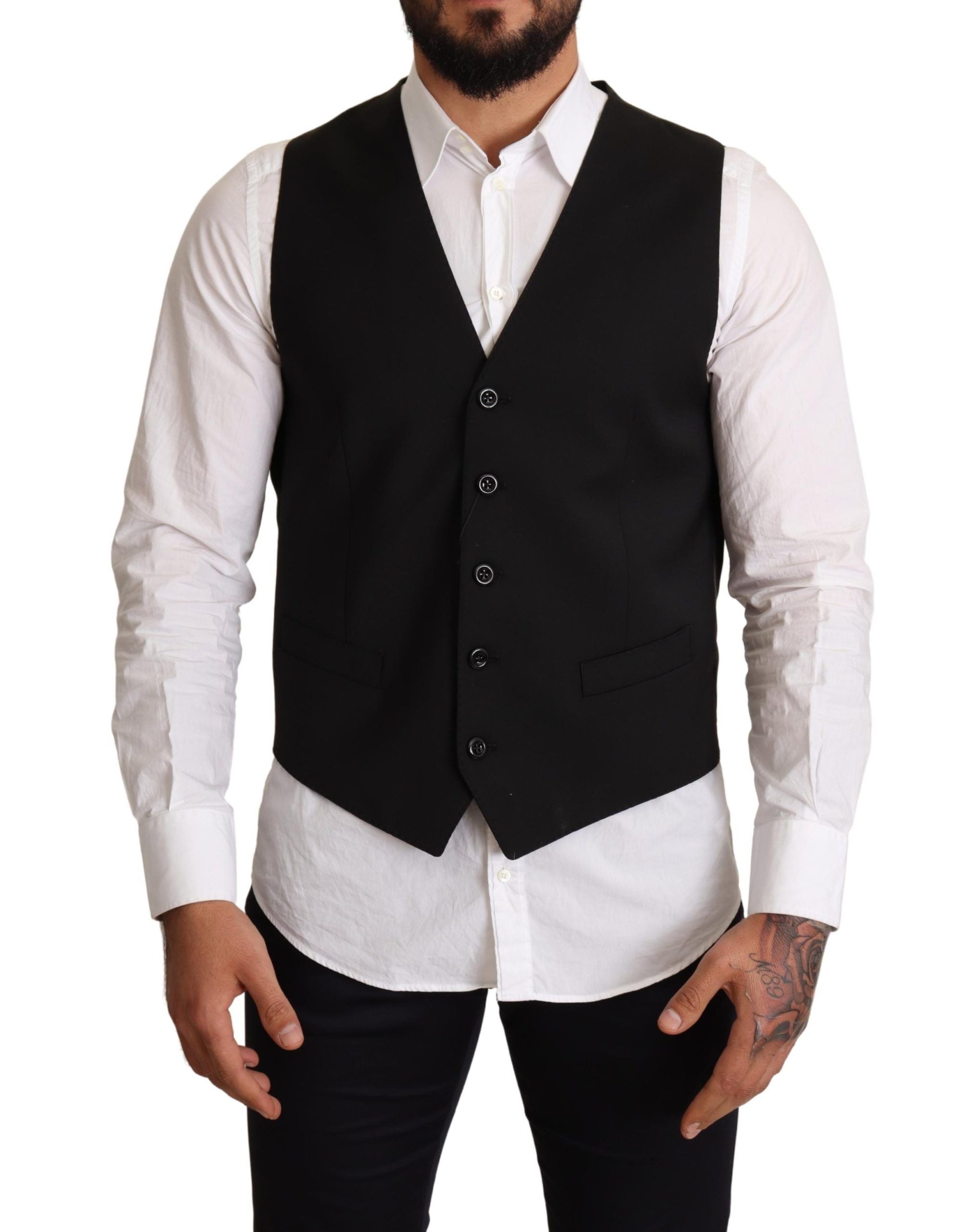 Black formal dress vest by Dolce & Gabbana, tailored fit with sleek fabric and classic design, suitable for elegant occasions.