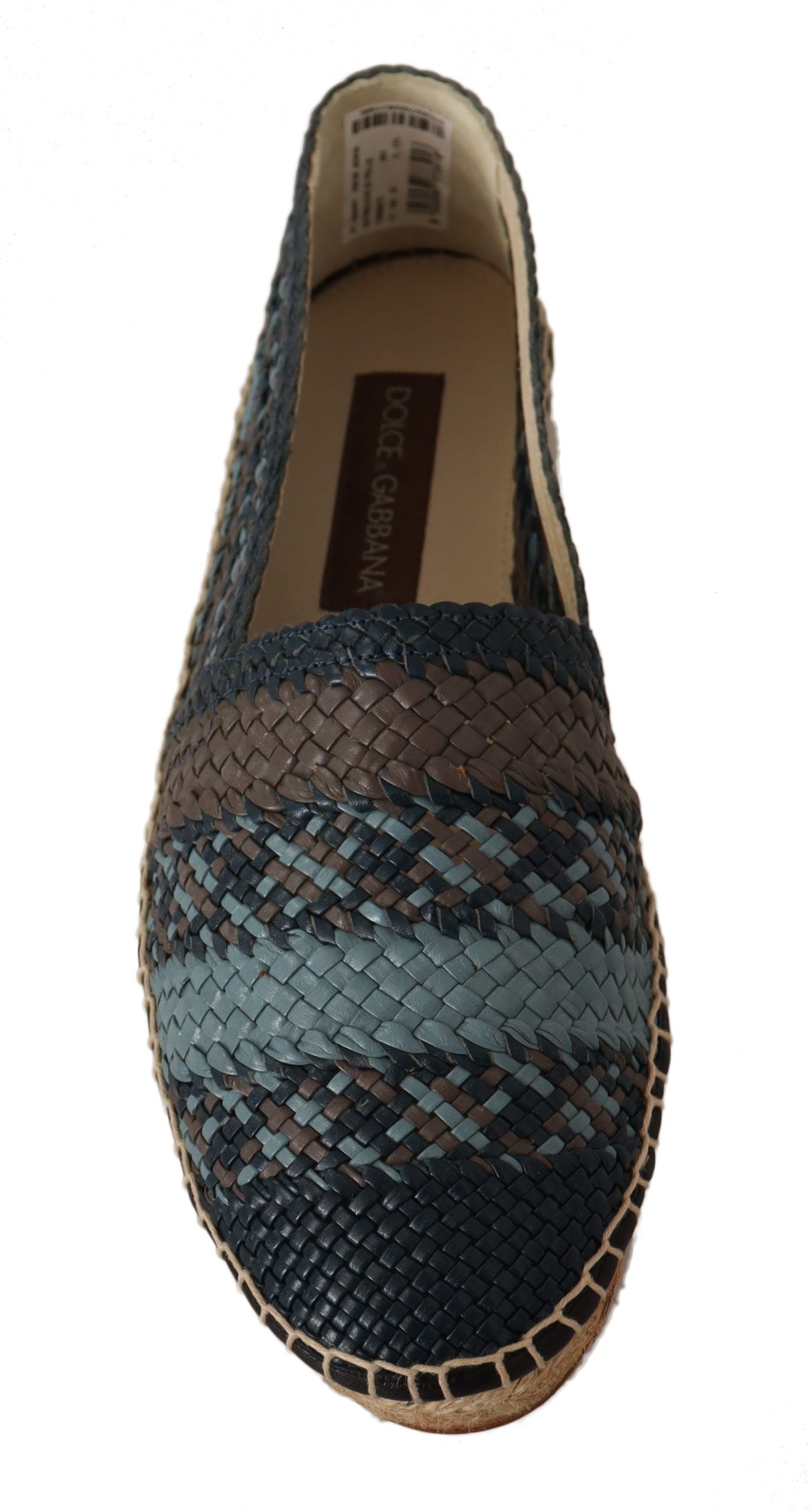 Blue and gray slip-on buffalo espadrille shoes by Dolce & Gabbana with braided jute soles and casual slip-on design.