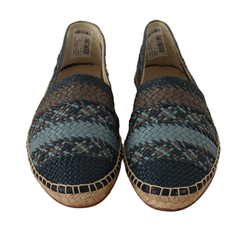 Blue gray slip-on buffalo espadrille shoes by Dolce & Gabbana with woven jute sole and casual slip-on design.