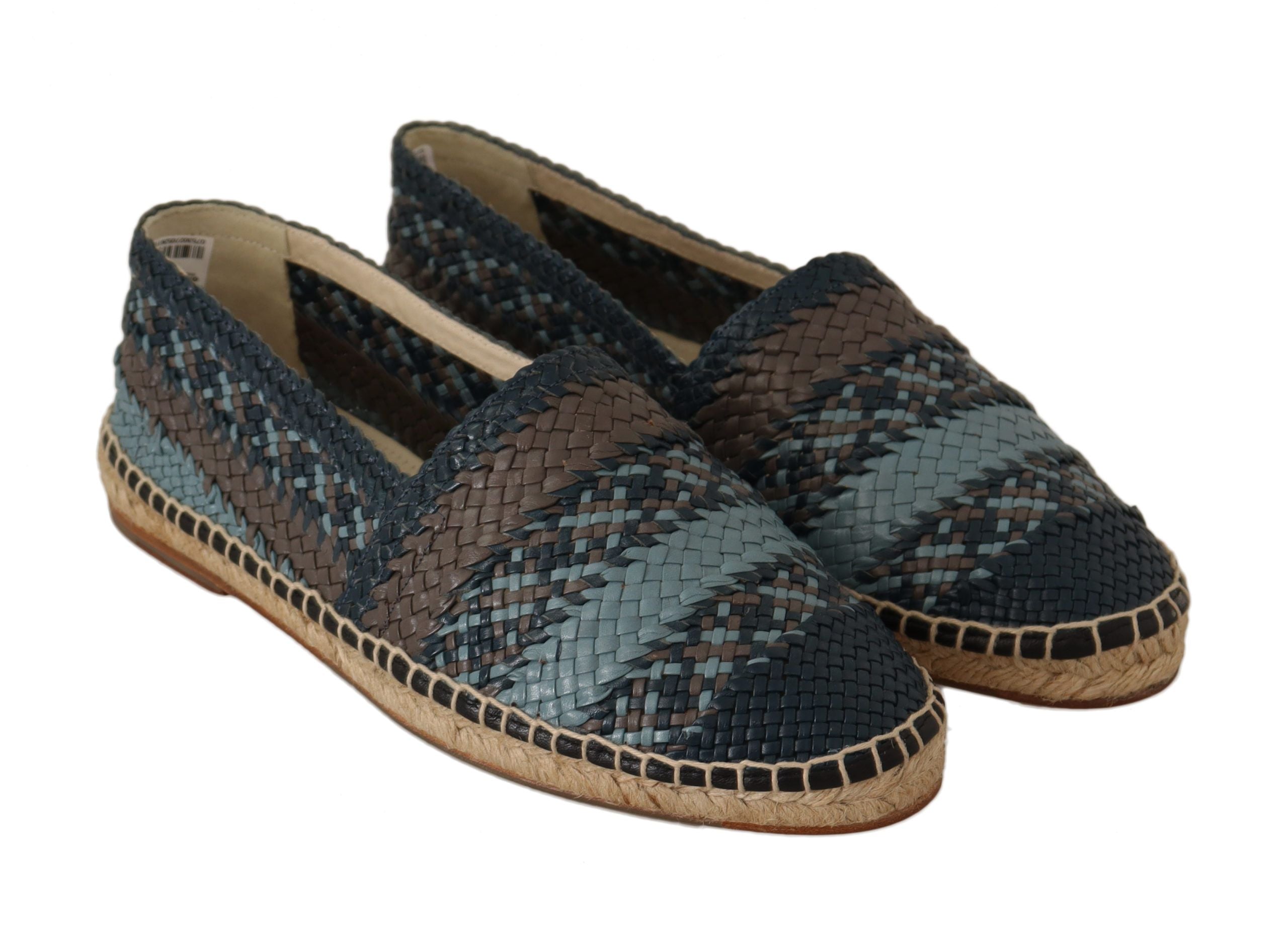 Blue and gray Dolce & Gabbana slip-on buffalo espadrille shoes with woven sole and casual design.