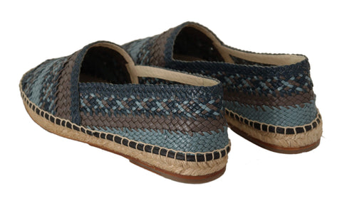 Blue and gray slip-on buffalo espadrille shoes by Dolce & Gabbana featuring canvas uppers and jute sole.