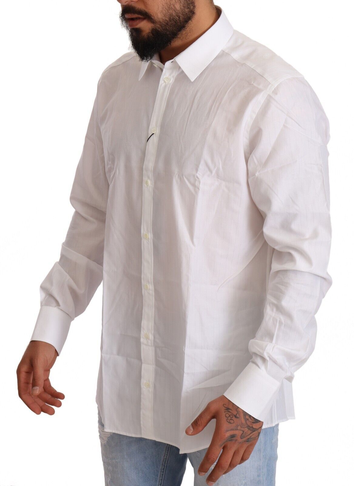 White cotton slim fit men's Martini shirt by Dolce & Gabbana, shown on a hanger with visible collar and button details.
