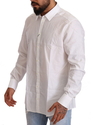 White cotton slim fit men's Martini shirt by Dolce & Gabbana, shown on a hanger with visible collar and button details.
