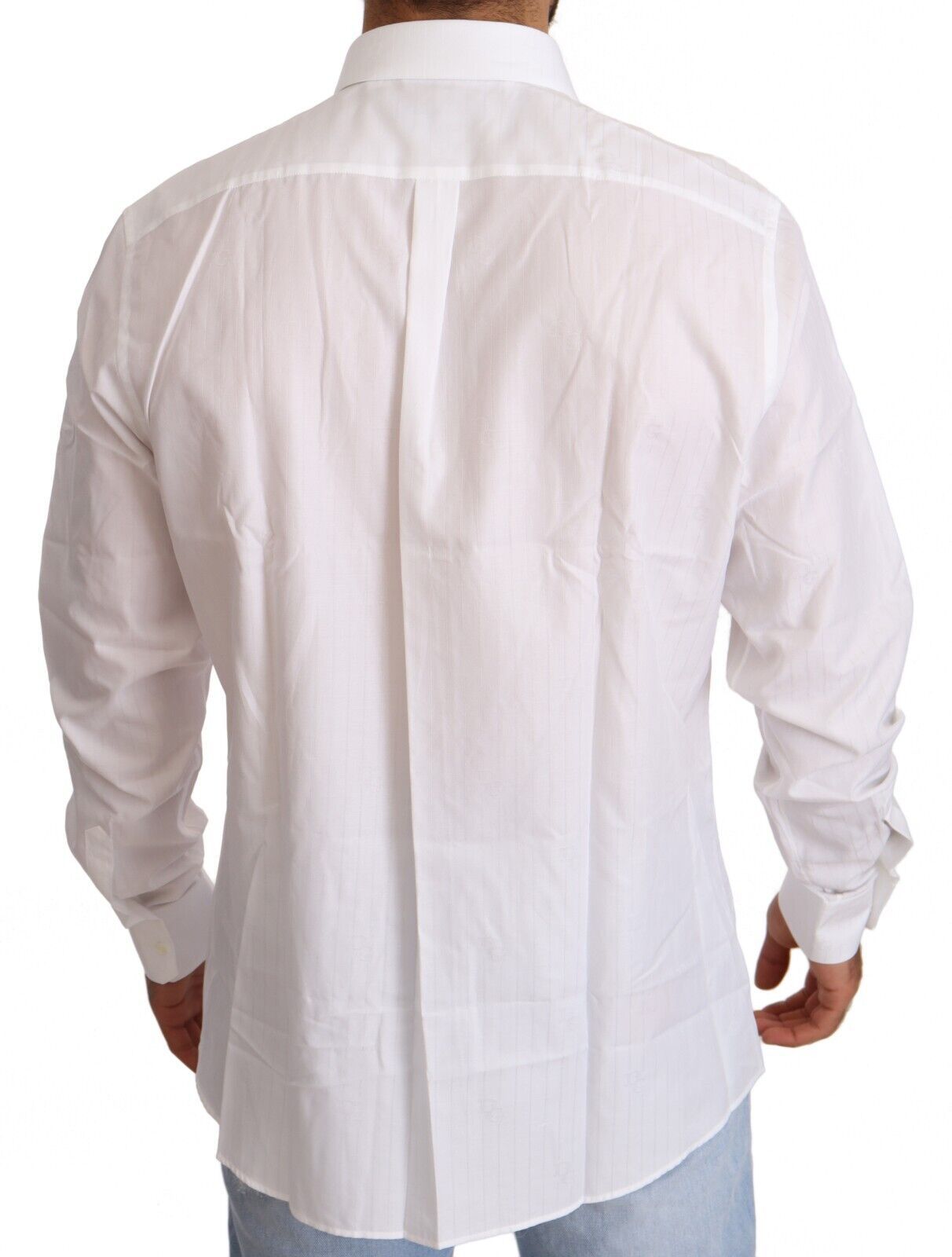 White cotton slim fit men's Martini shirt by Dolce & Gabbana, shown on a hanger with button details and classic collar.