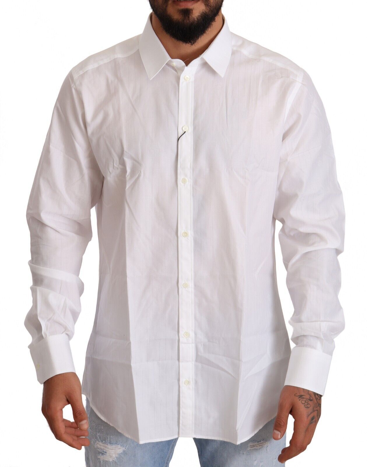 White cotton slim fit men's Martini shirt by Dolce & Gabbana, featuring a classic collar and tailored design.