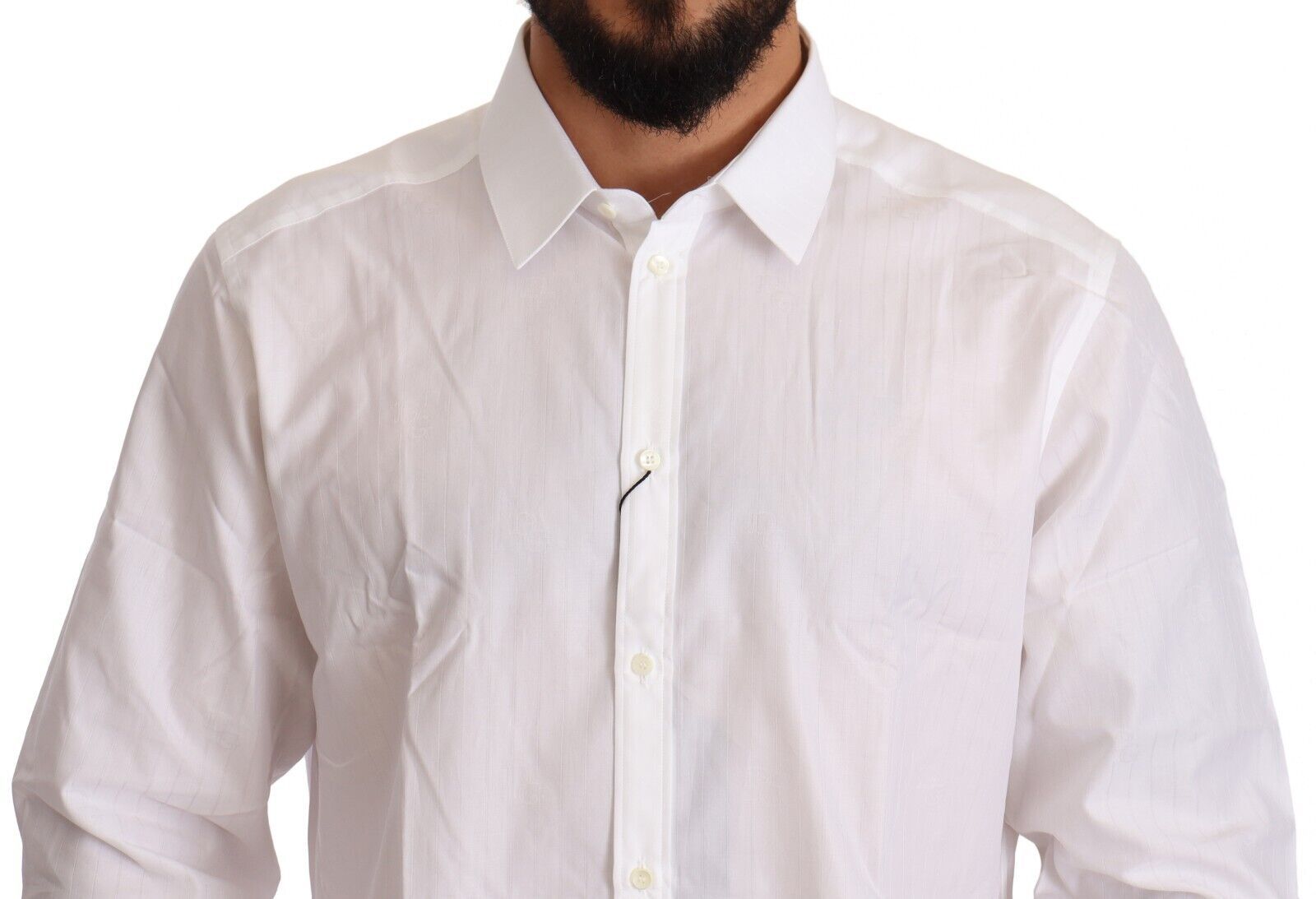 White cotton slim fit men's Martini shirt by Dolce & Gabbana, showing a close-up of the tailored collar and fabric texture.