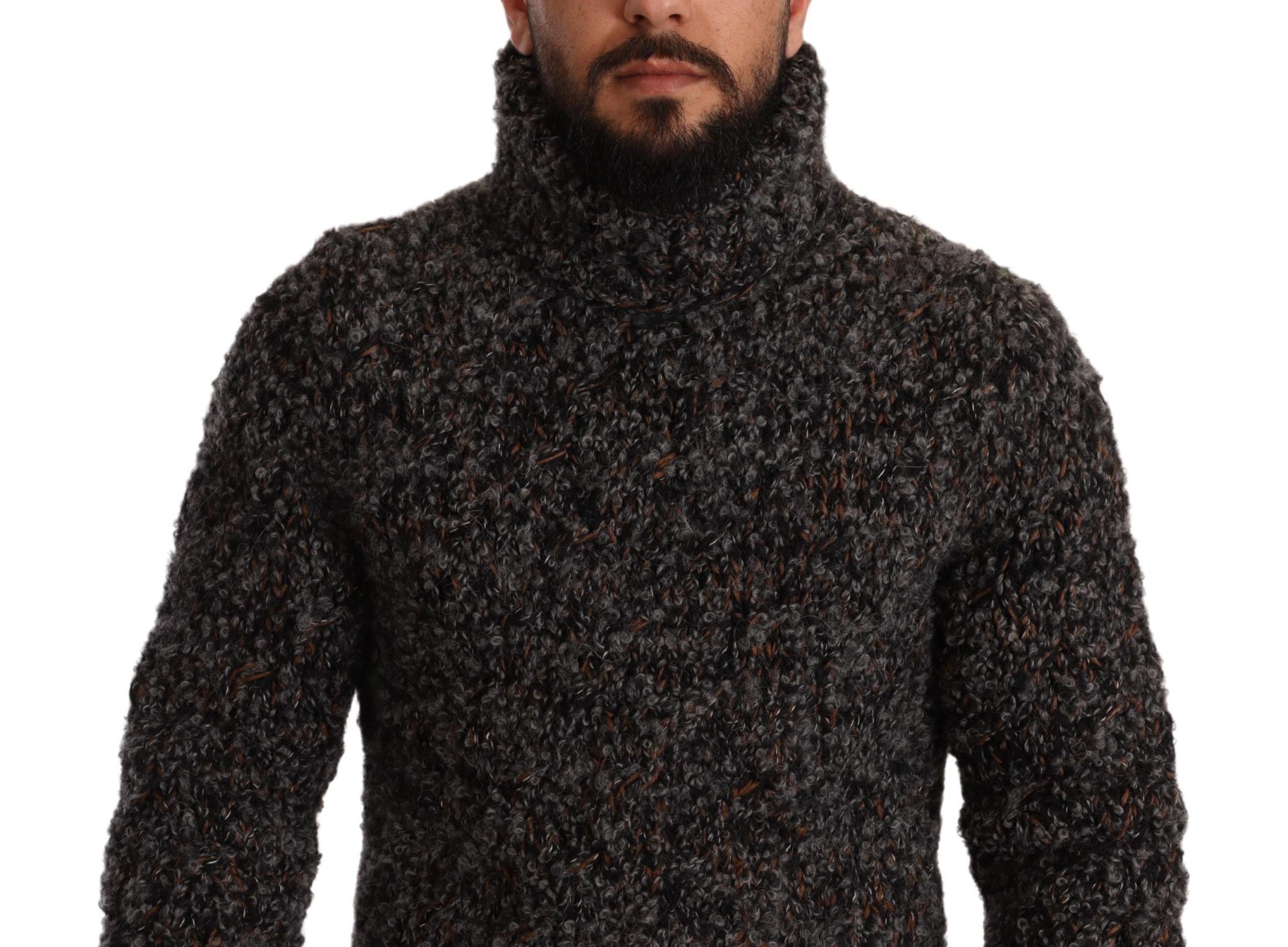 Gray wool blend turtleneck pullover sweater by Dolce & Gabbana, close-up showing soft knit fabric and classic design.