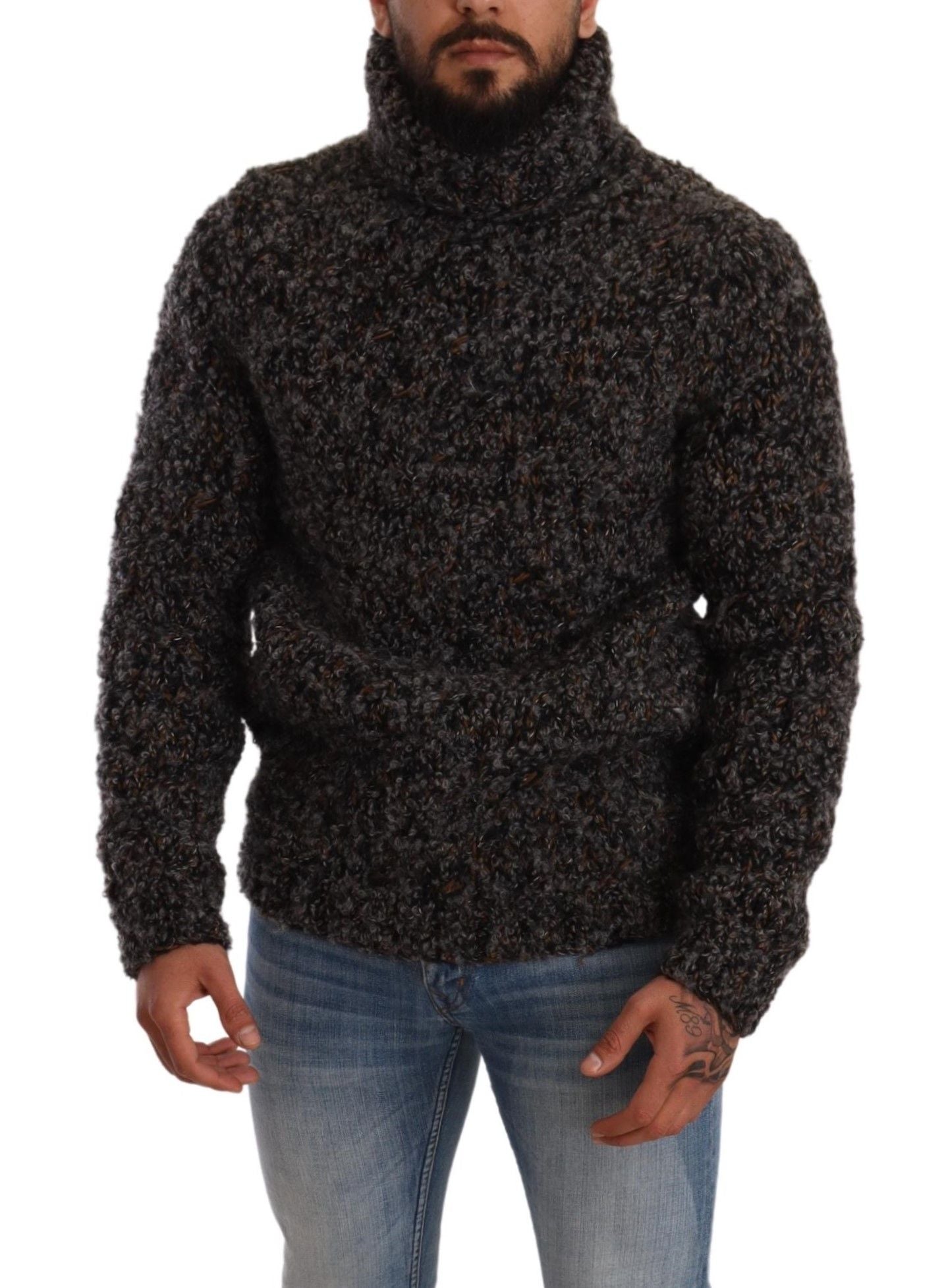Gray wool blend turtleneck sweater by Dolce & Gabbana, close-up showing soft knit fabric and classic style.