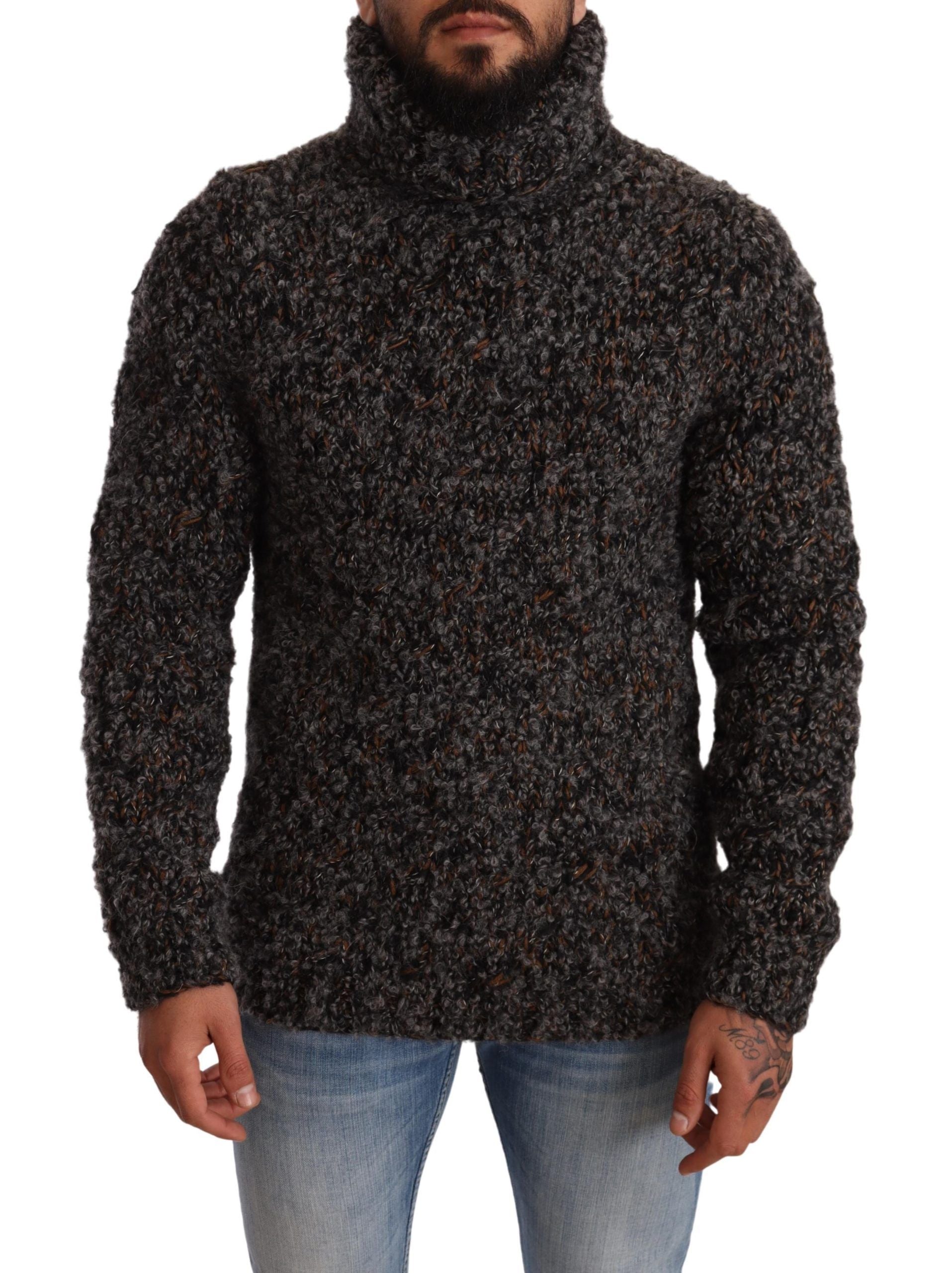 Gray wool blend turtleneck sweater by Dolce & Gabbana, close-up view showing knit texture and classic design.