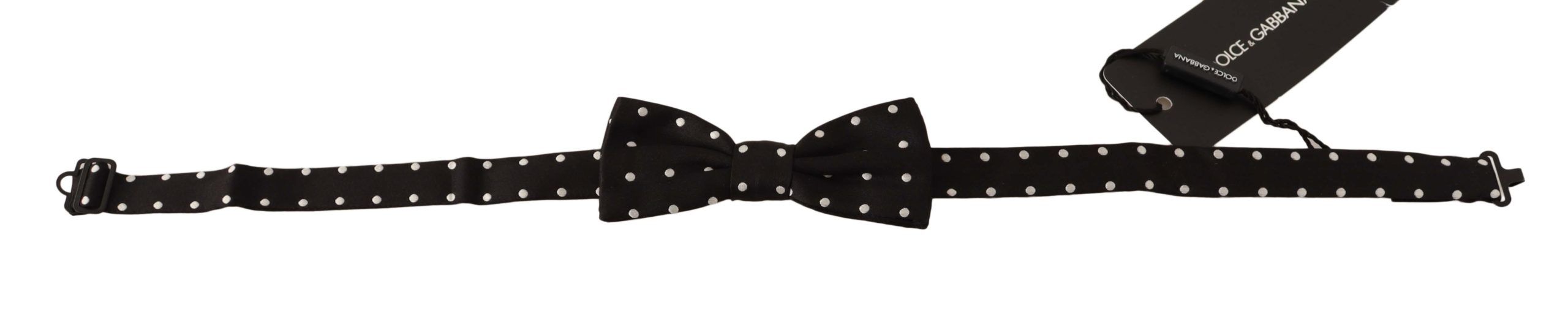 Black and white polka dot silk adjustable bow tie with papillon style, designed by Dolce & Gabbana.