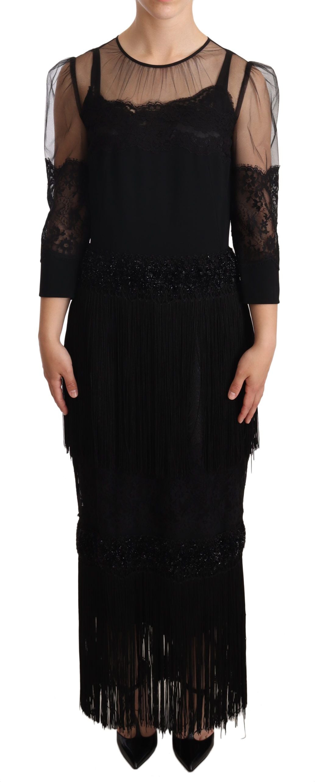 Black sheer floral lace crystal maxi dress by Dolce & Gabbana, featuring intricate lace details and elegant flowing fabric.