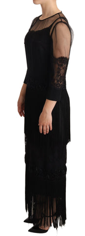 Black sheer floral lace crystal maxi dress by Dolce & Gabbana, featuring intricate lace details and elegant flowing fabric.