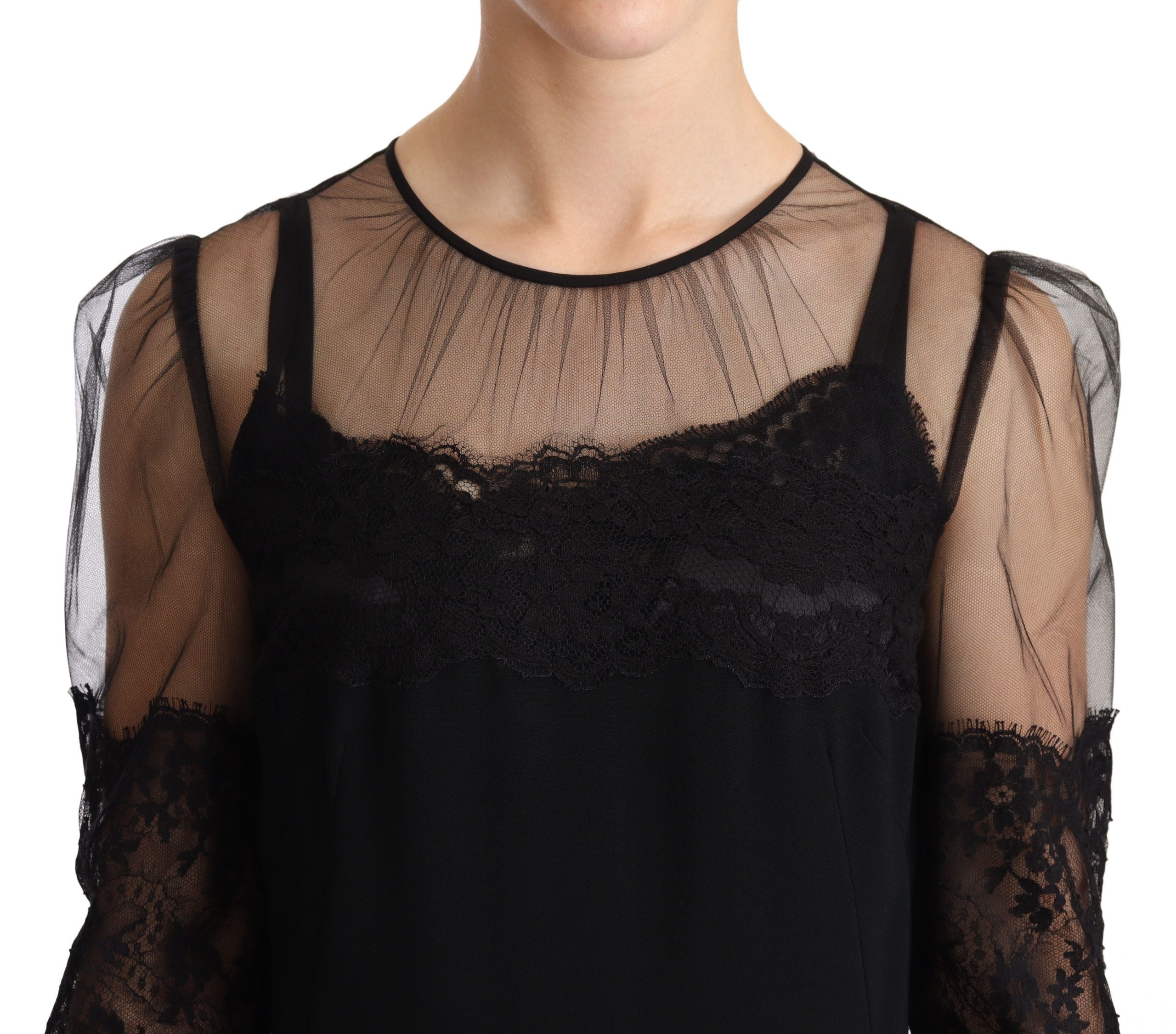 Black sheer floral lace crystal maxi dress by Dolce & Gabbana, featuring intricate lace details and elegant flowing fabric.