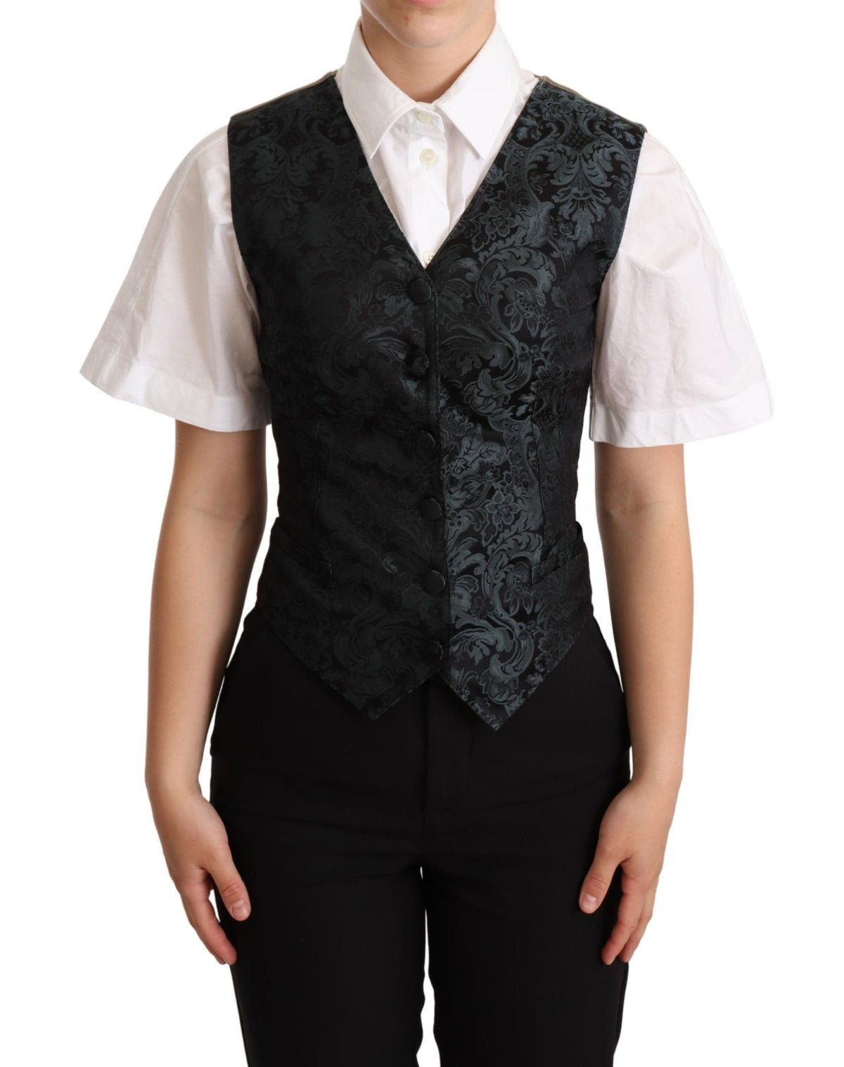 Black jacquard floral waistcoat vest by Dolce & Gabbana with intricate green floral patterns and tailored fit.