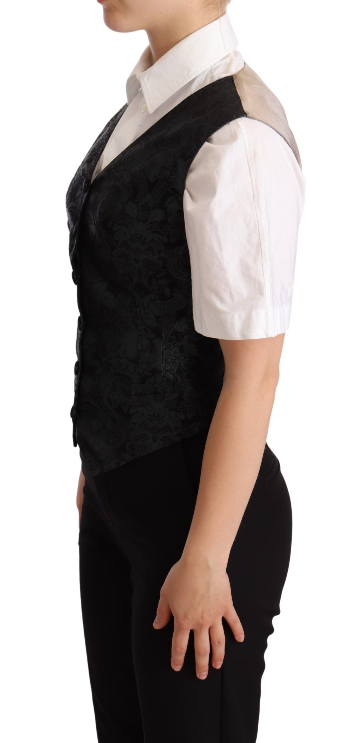 Black Jacquard floral waistcoat vest by Dolce & Gabbana, featuring intricate green floral patterns and tailored fit.