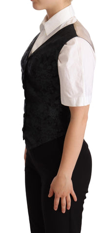 Black Jacquard floral waistcoat vest by Dolce & Gabbana, featuring intricate green floral patterns and tailored fit.