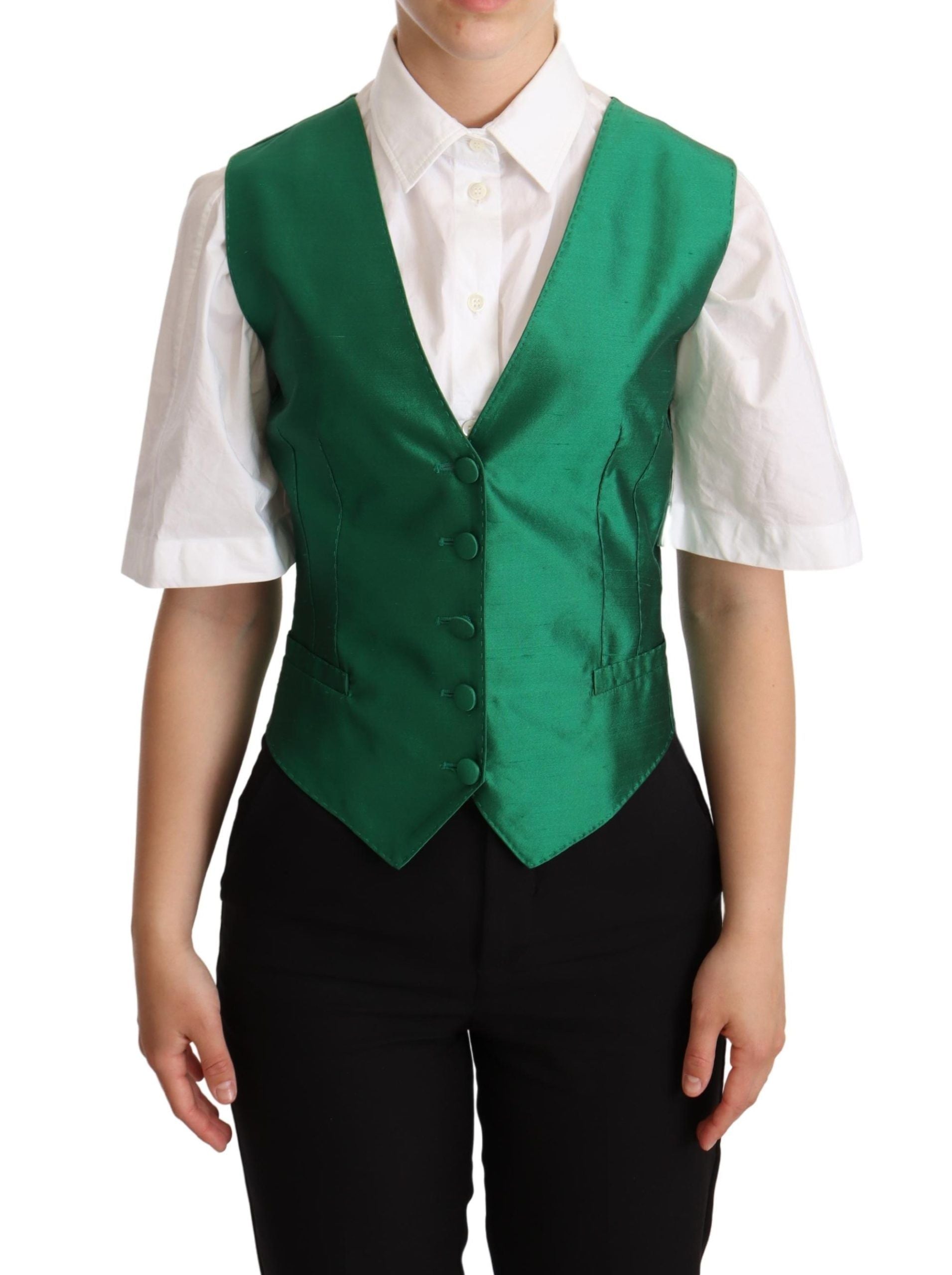 Green silk satin sleeveless waistcoat vest by Dolce & Gabbana, featuring a smooth, shiny fabric and tailored fit.