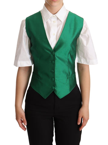 Green silk satin sleeveless waistcoat vest by Dolce & Gabbana, featuring a smooth, shiny fabric and tailored fit.