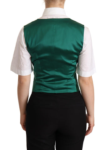 Green silk satin sleeveless waistcoat vest by Dolce & Gabbana, showcasing smooth fabric and tailored fit.