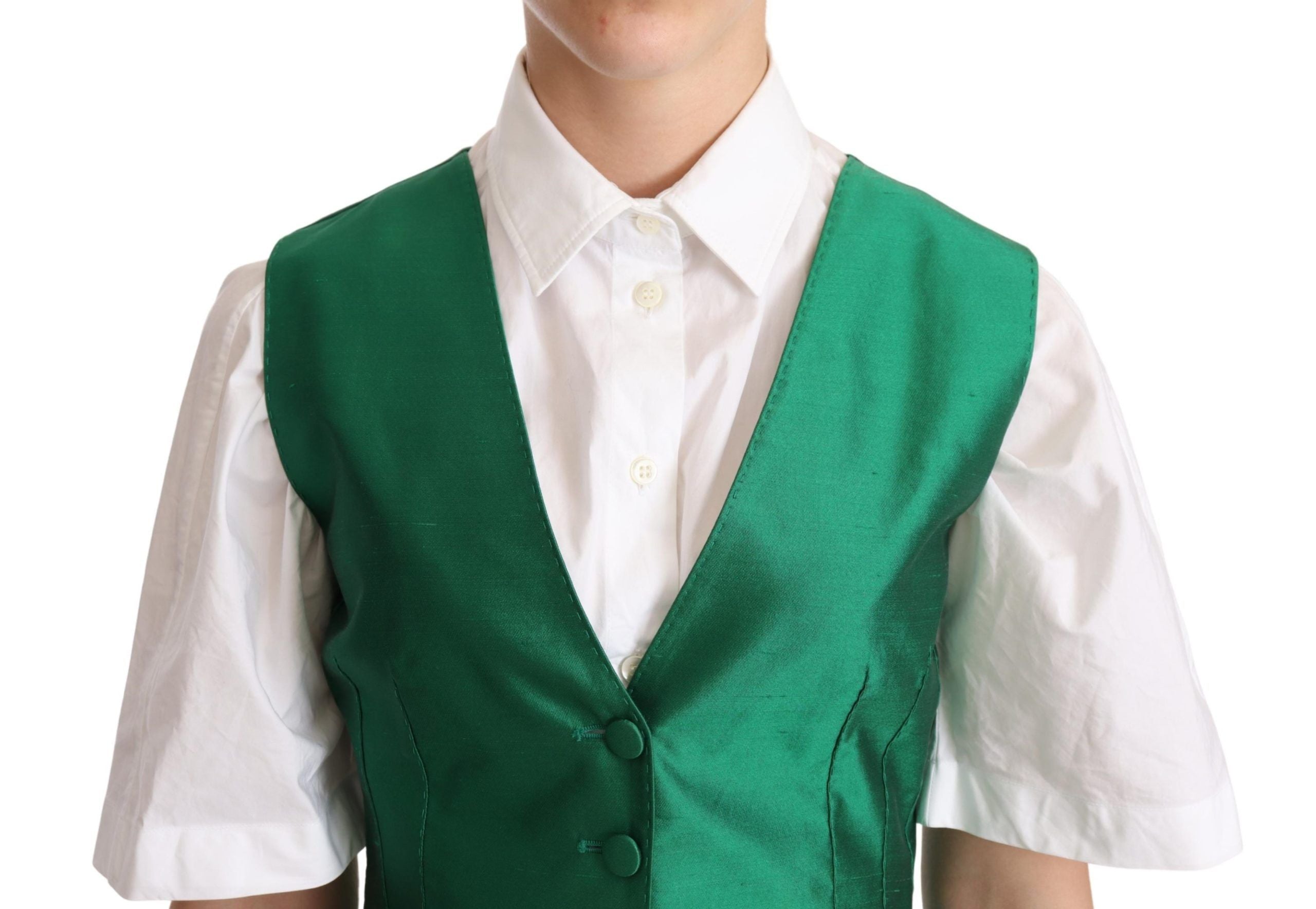 Green silk satin sleeveless waistcoat vest by Dolce & Gabbana, featuring a smooth, shiny fabric and tailored fit.
