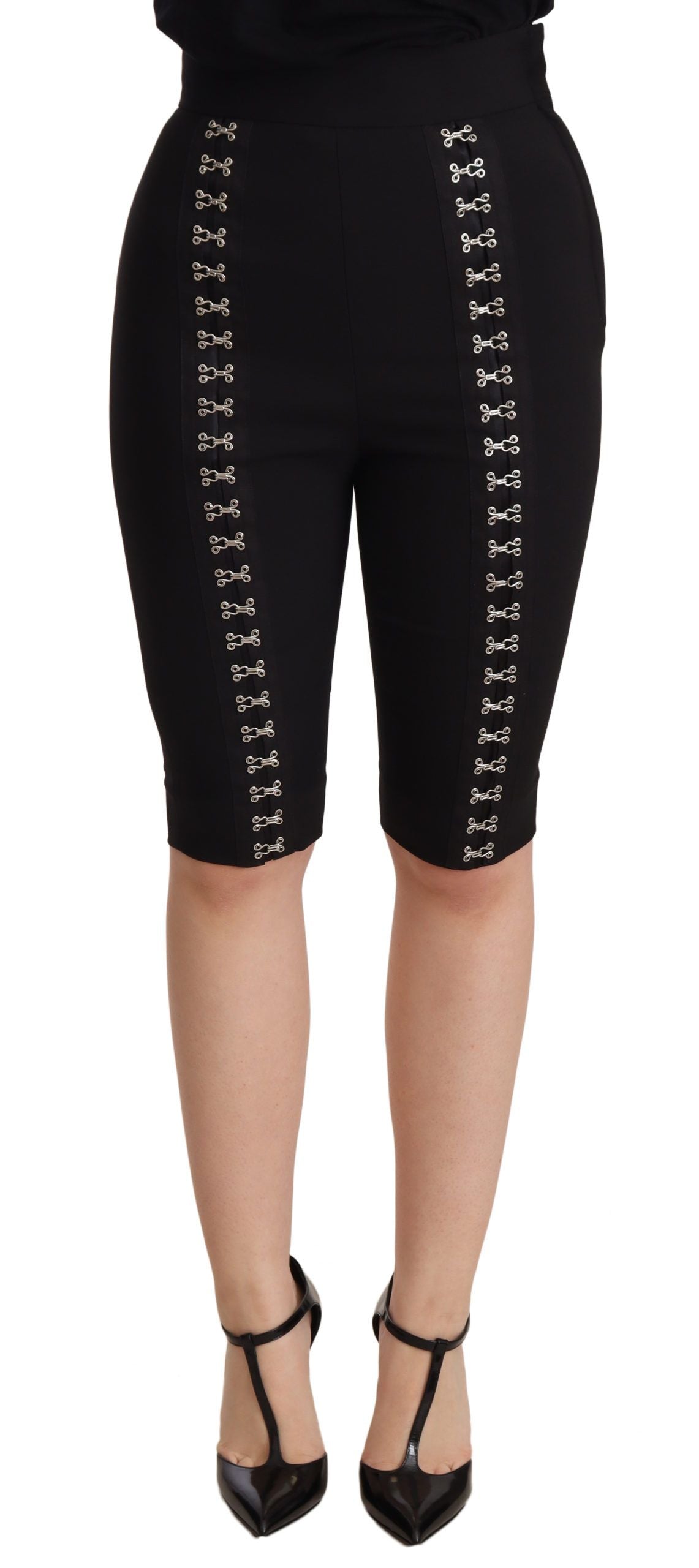 Black wool stretch slim fit high waist shorts by Dolce & Gabbana, shown on a model with a tailored fit and clean design.