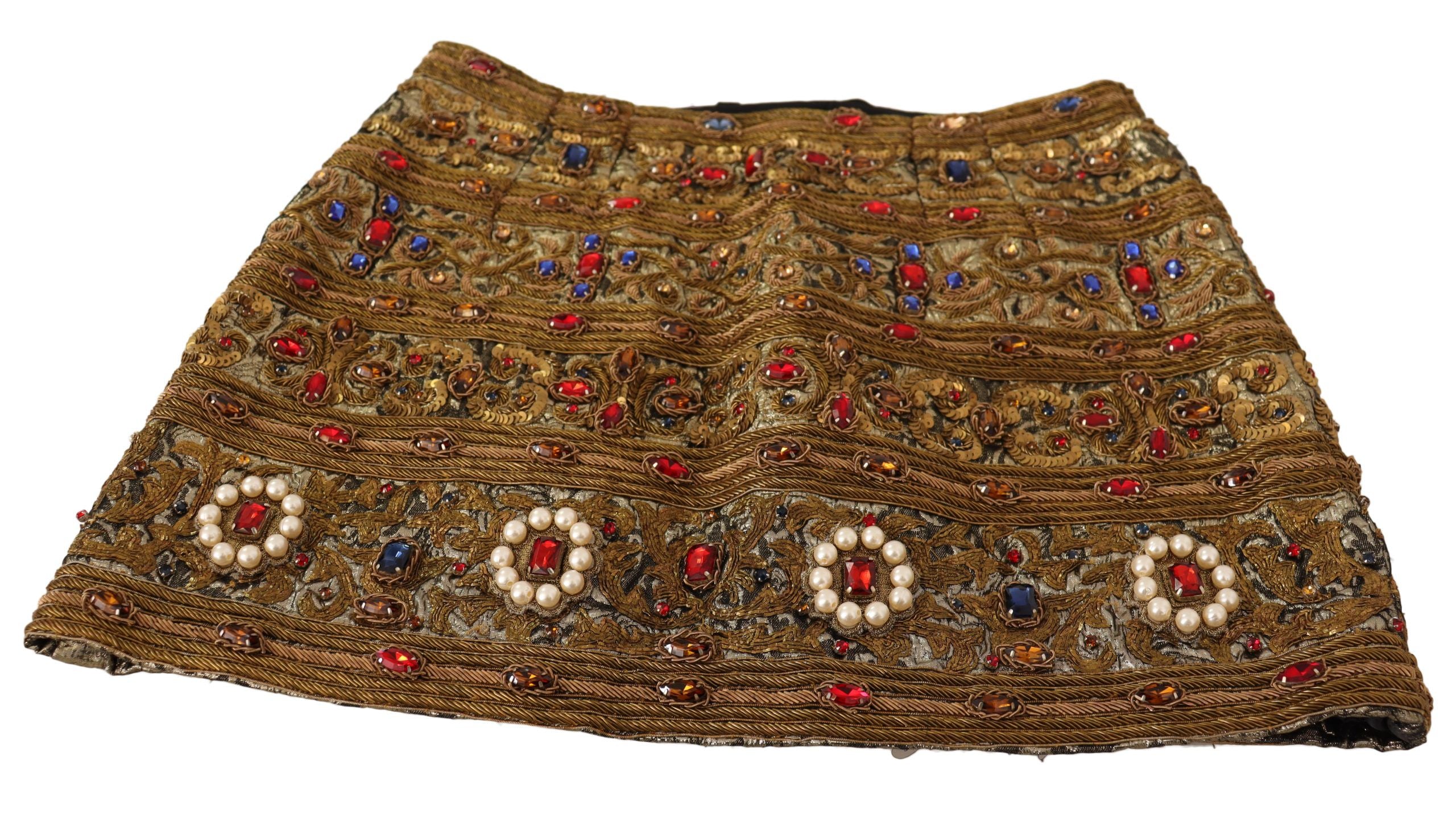 Gold crystal Jacquard high waist skirt by Dolce & Gabbana, featuring intricate floral patterns and a luxurious fabric finish.