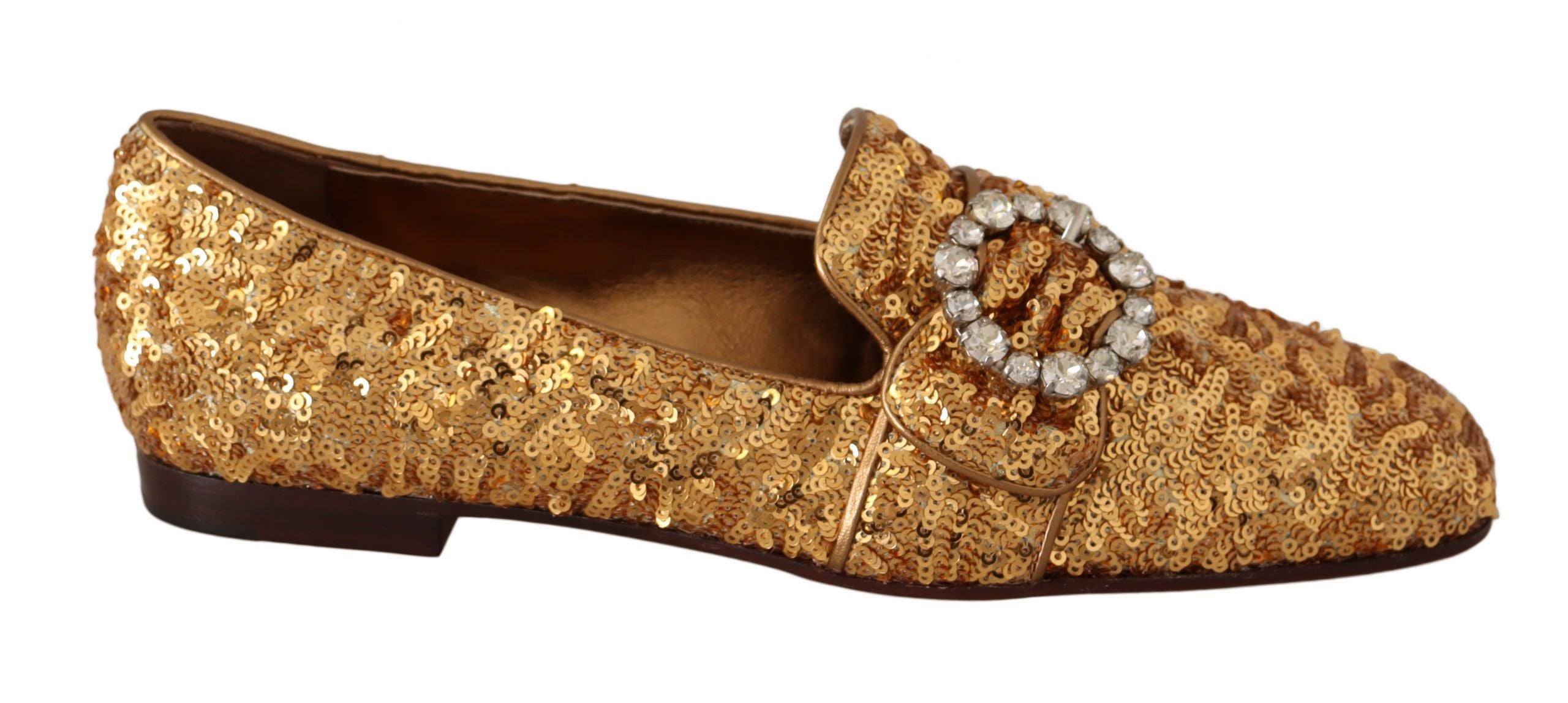 Gold sequin crystal flat loafers for women by Dolce & Gabbana, featuring shiny sequins and elegant slip-on design.