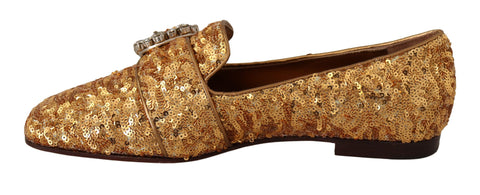 Gold sequin crystal flat loafers for women by Dolce & Gabbana, featuring sparkling sequins and elegant slip-on design.