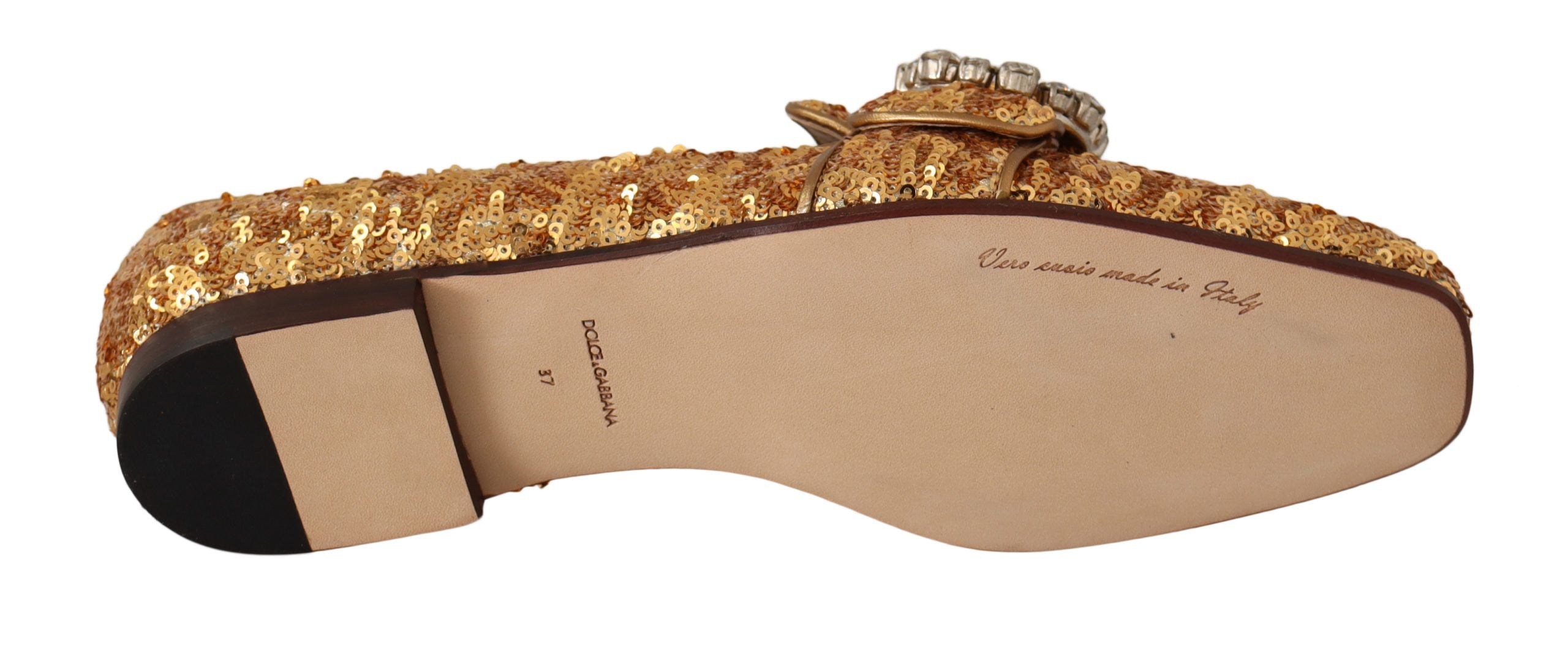 Gold sequin crystal flat women’s loafers by Dolce & Gabbana, featuring shimmering sequins and crystal embellishments.