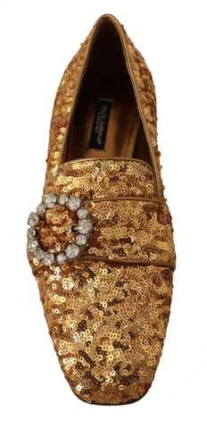 Gold sequin crystal flat loafers for women by Dolce & Gabbana, featuring sparkling embellishments and a sleek slip-on design.