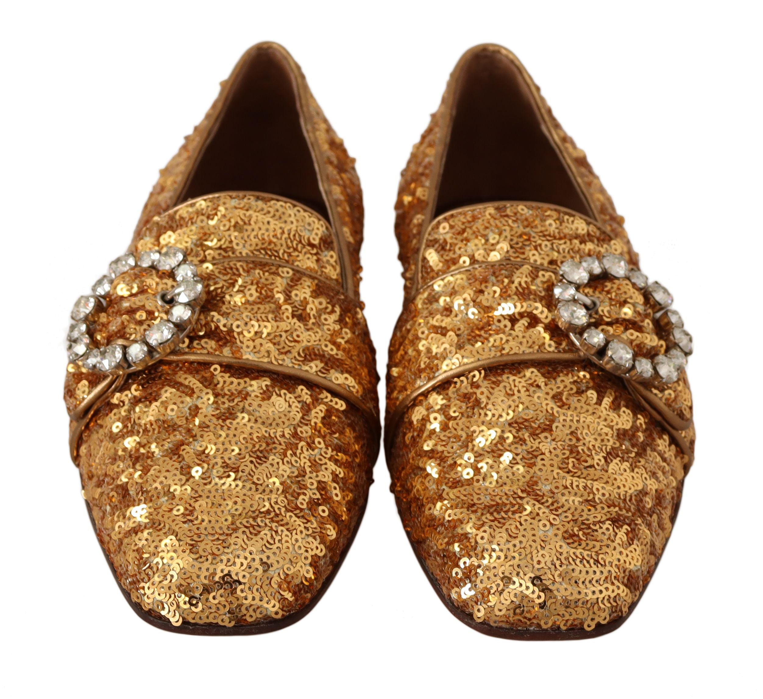 Gold sequin crystal flat loafers for women by Dolce & Gabbana, featuring shiny sequins and crystal embellishments.