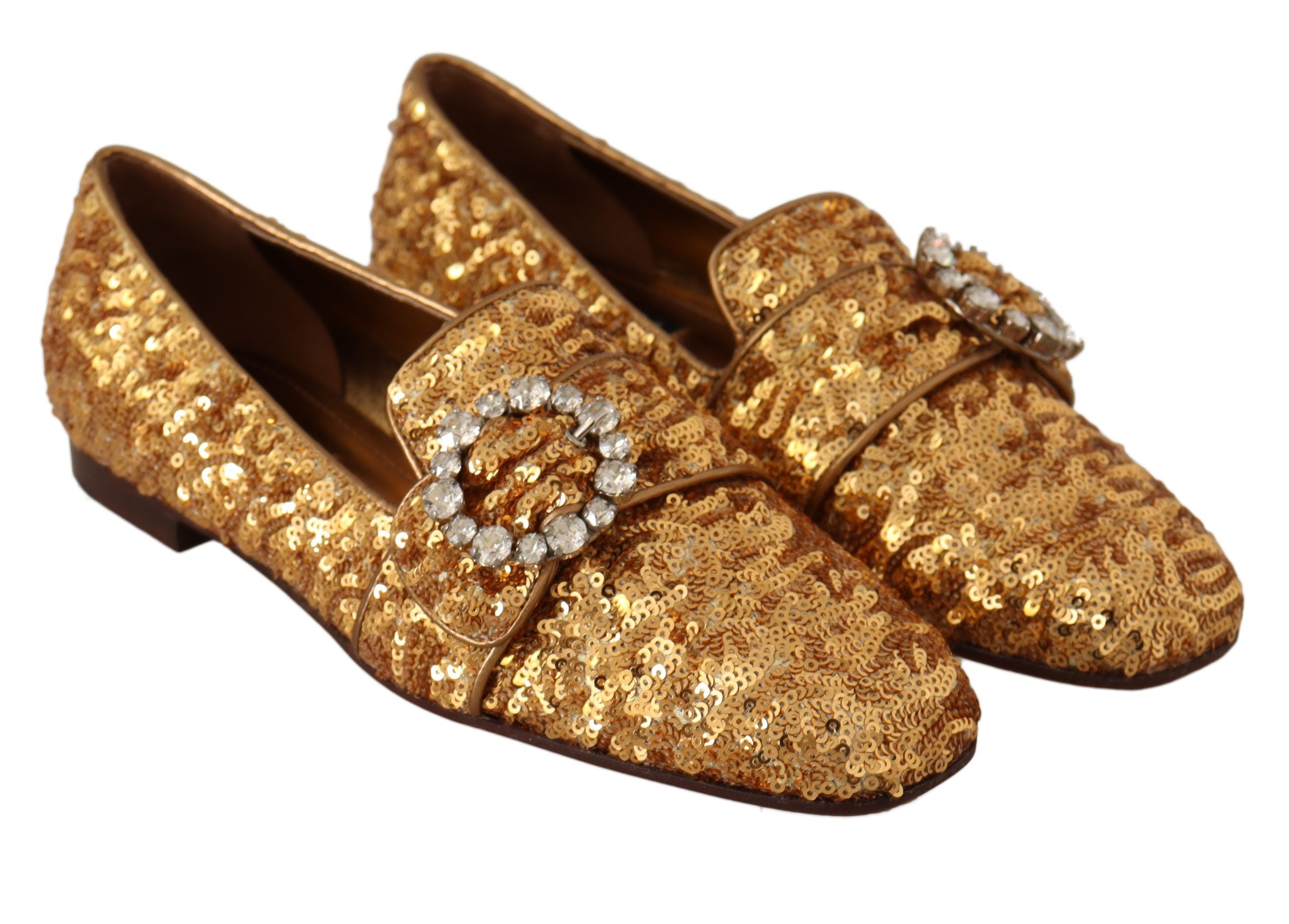 Gold sequin crystal flat loafers for women by Dolce & Gabbana, featuring shiny sequins and elegant crystal detailing.