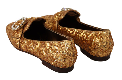 Gold sequin crystal flat loafers for women by Dolce & Gabbana with sparkly embellishments and comfortable slip-on design.
